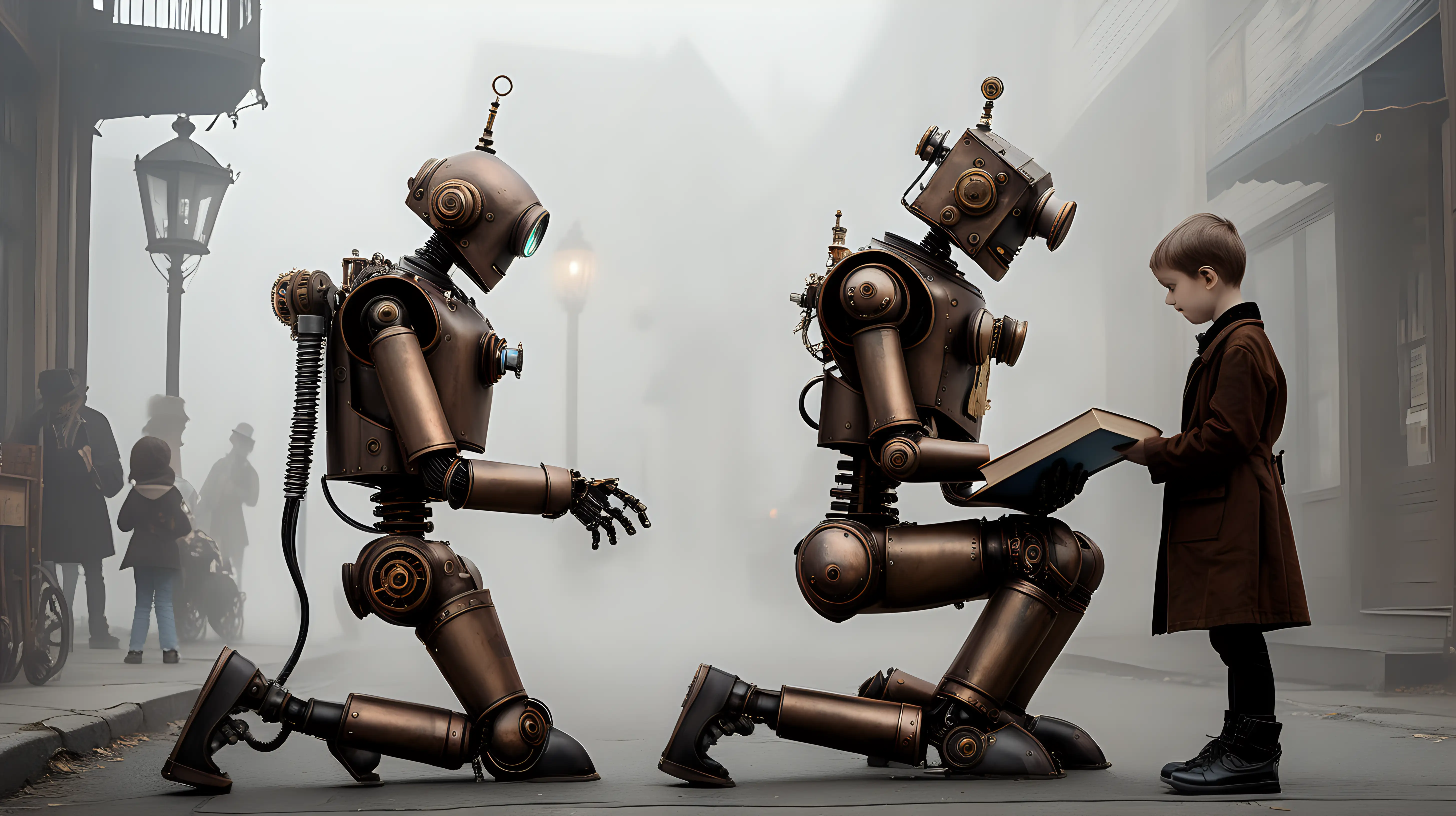 Steampunk robot in kneeling, talking to a child standing with a book, fog, street