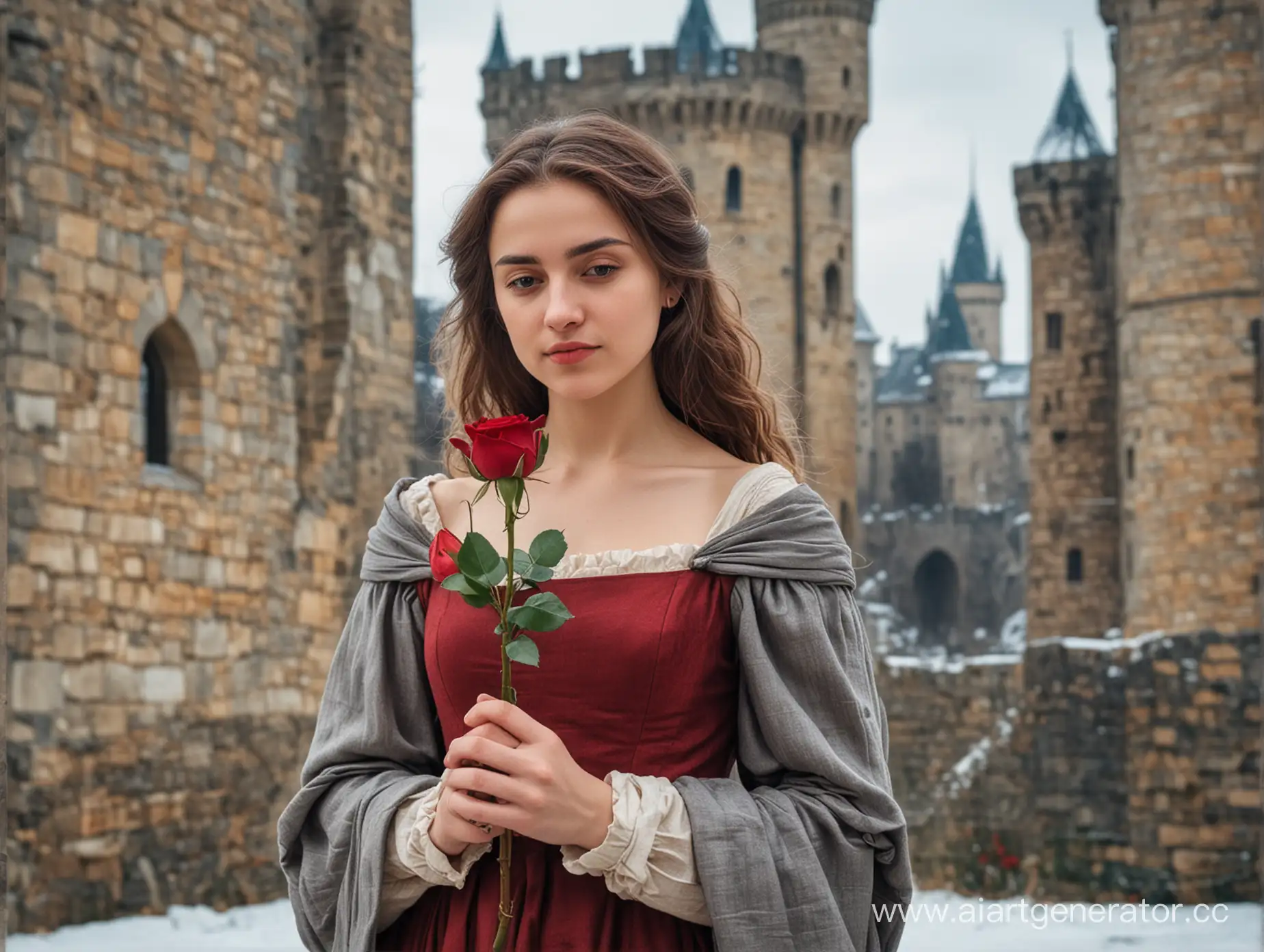 зима, грустная молодая женщина в средневековье держит красную розу в руке, вдали стоит замок