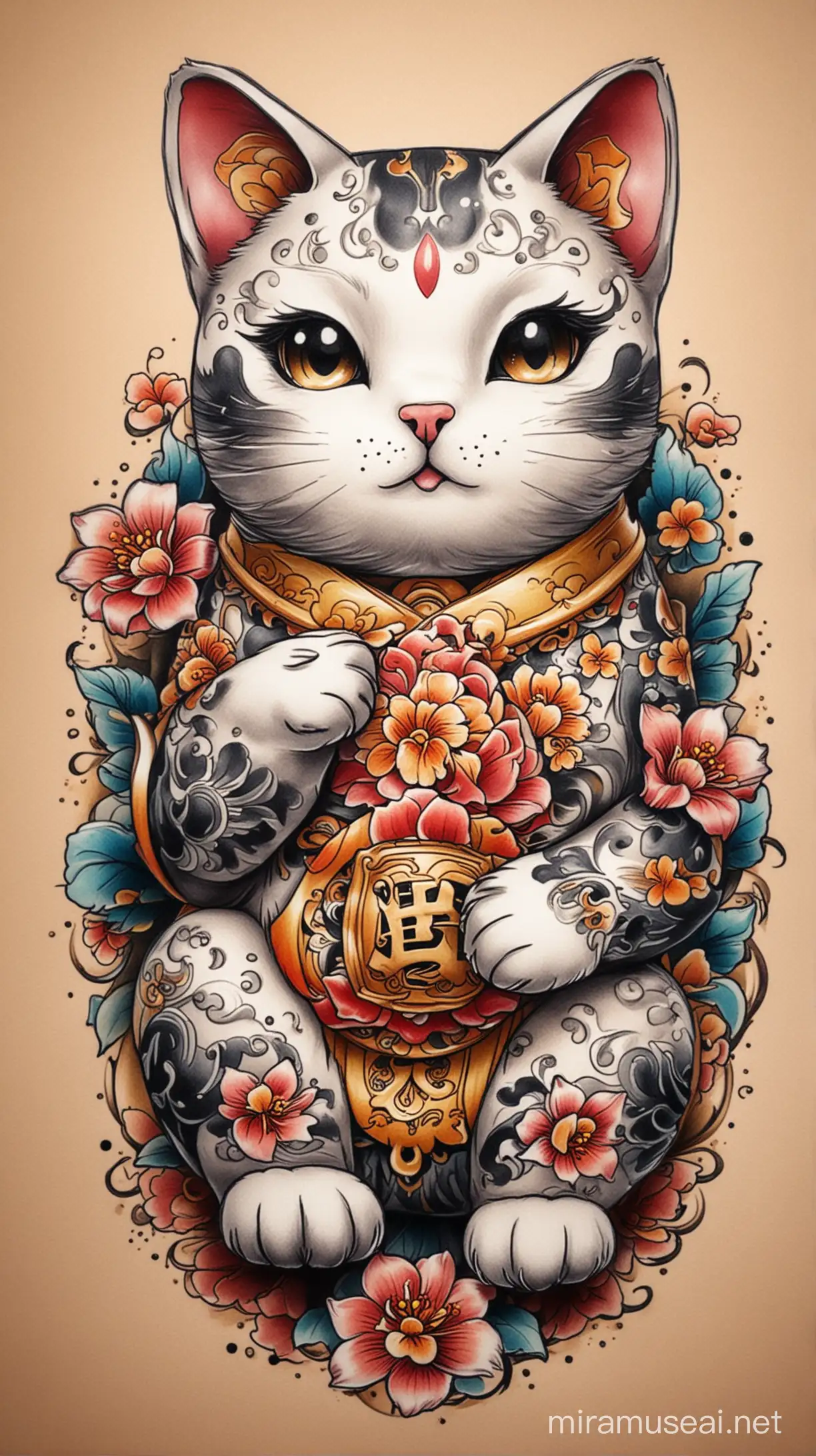 Neotraditional Maneki Neko Tattoo Design Japanese Lucky Cat Ink Art