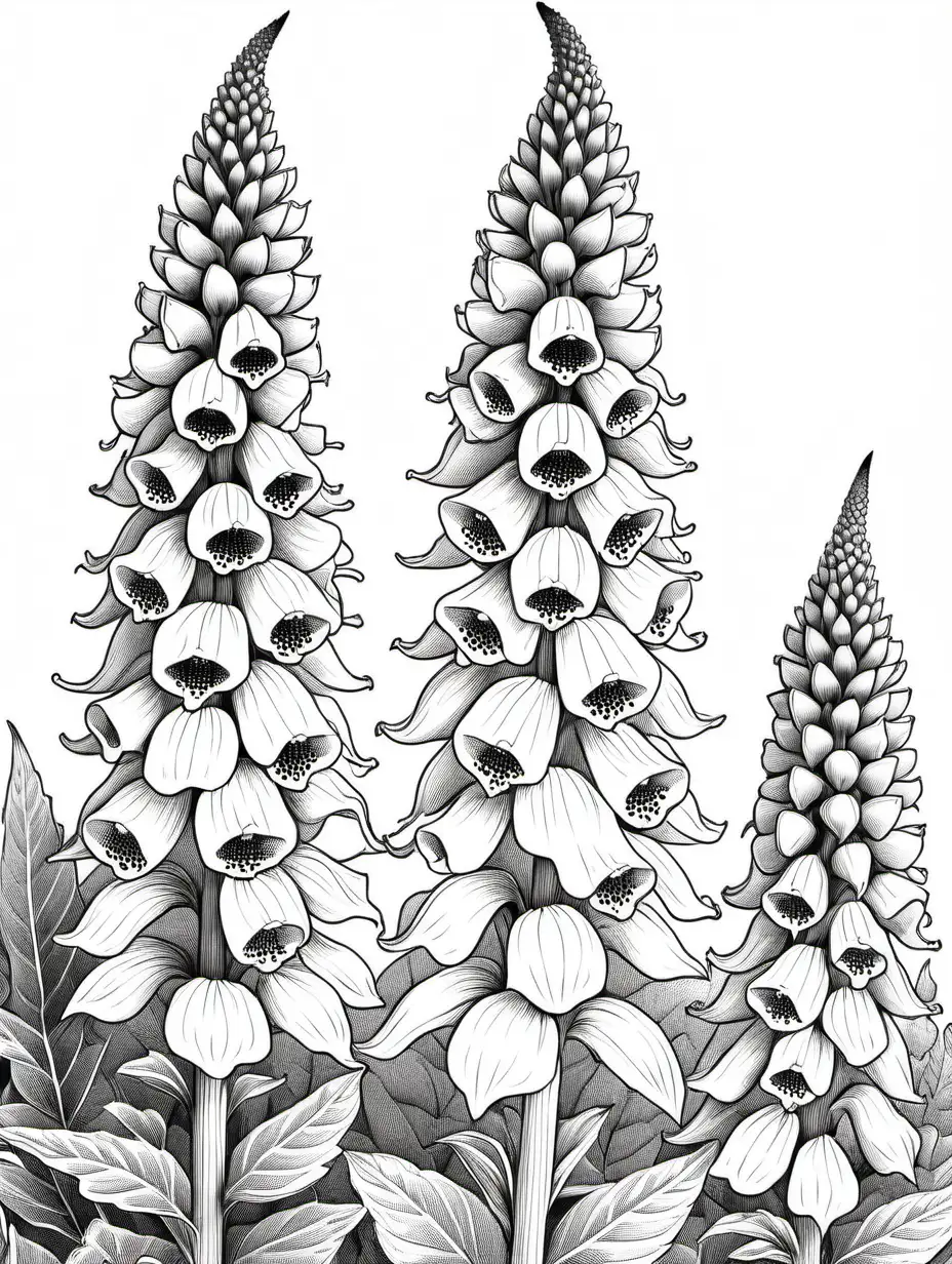 Detailed Black and White Foxglove Coloring Book Page with Thick Lines