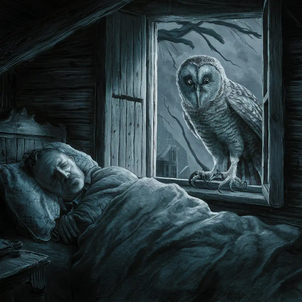 w starym wiejskim domu w łóżku śpi otyły mężczyzna i wyje, na parapecie siedzi sowa z ludzką głową i patrzy na niego, atmosfera horroru