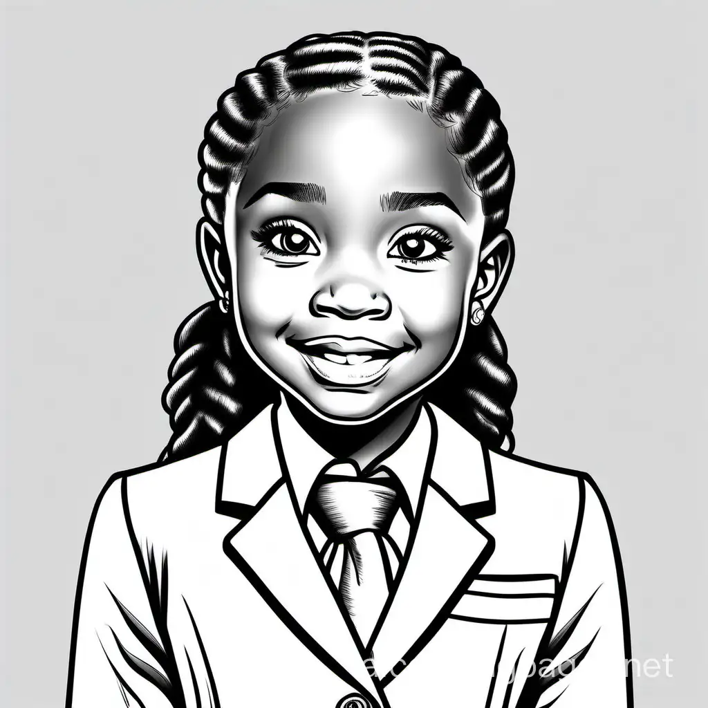 african american 10 year old girl with ponytail as business woman, Coloring Page, black and white, line art, white background, Simplicity, Ample White Space. The background of the coloring page is plain white to make it easy for young children to color within the lines. The outlines of all the subjects are easy to distinguish, making it simple for kids to color without too much difficulty