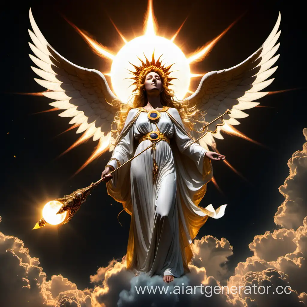 Провиденс, женщина, которая держит посох солнечного затмении, у нее сзади 8 ангельских крыльев, под ней горит  земля. Над ее головой величественно светит солнечная затмения