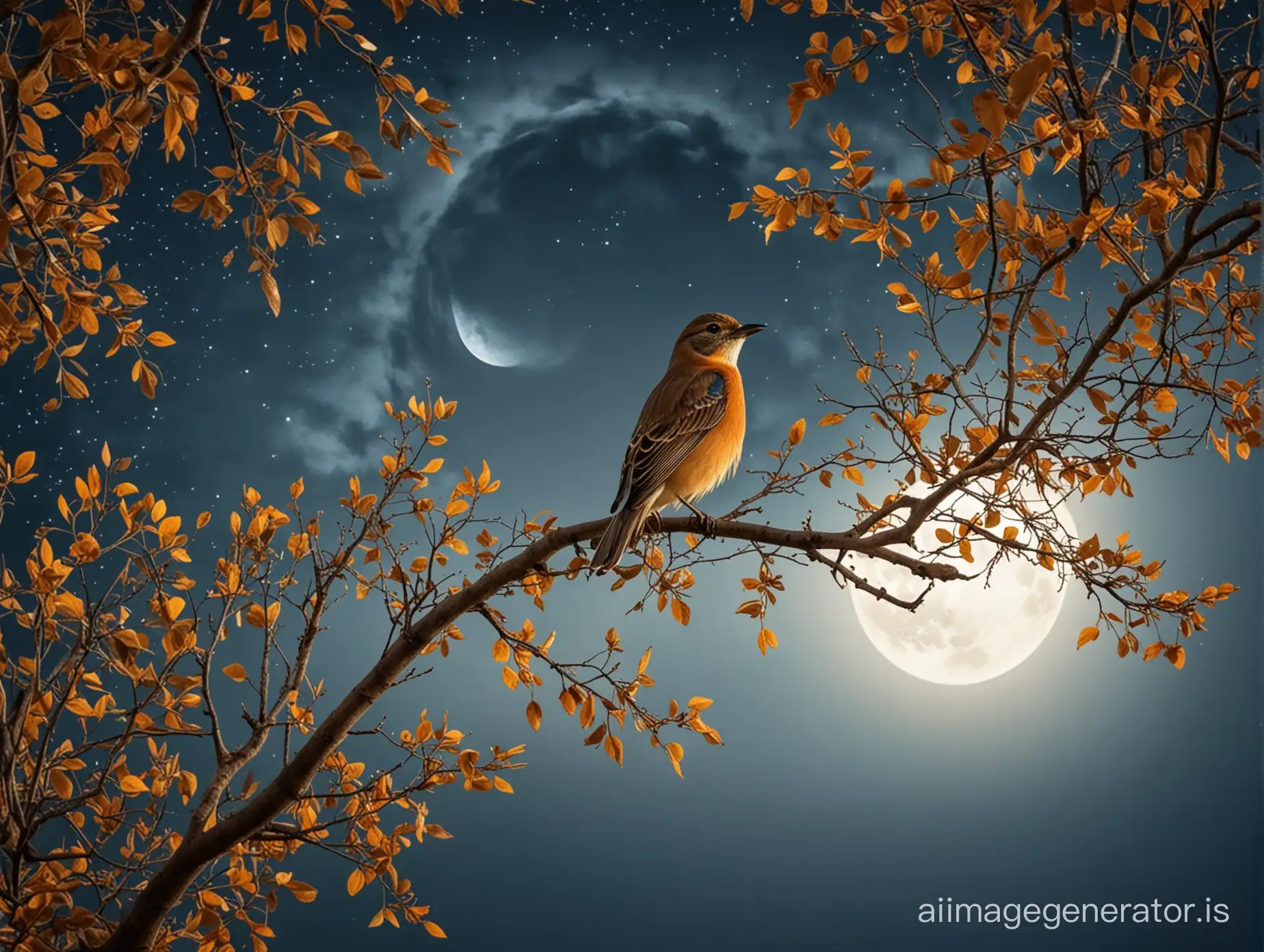 a beautiful bird sitting on full of leaves tree branch before the mesmerizing full moon in the lovely night