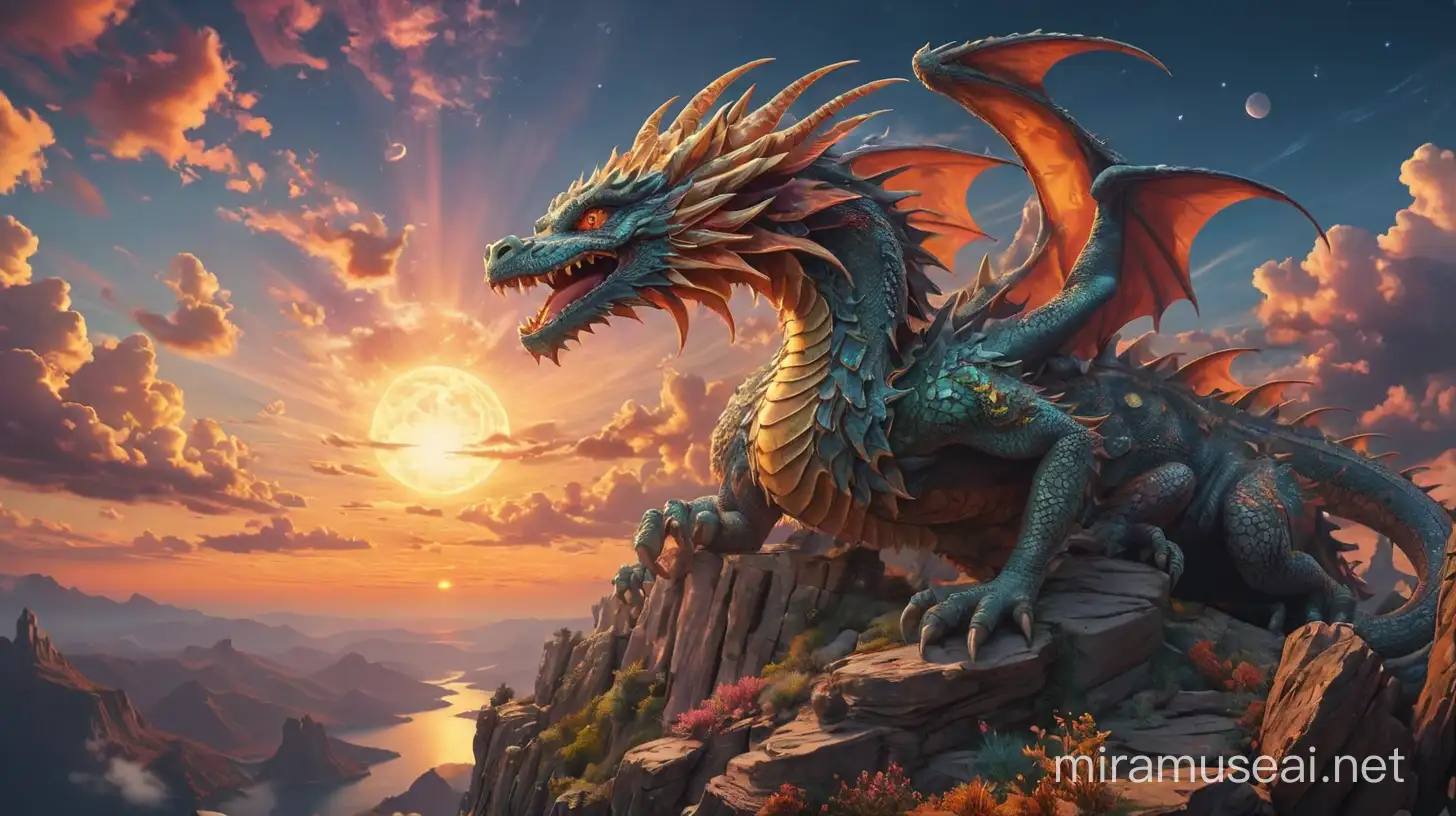 Psychedelic DMT Visual Sunset Cliffside Universe with DragonShaped Clouds