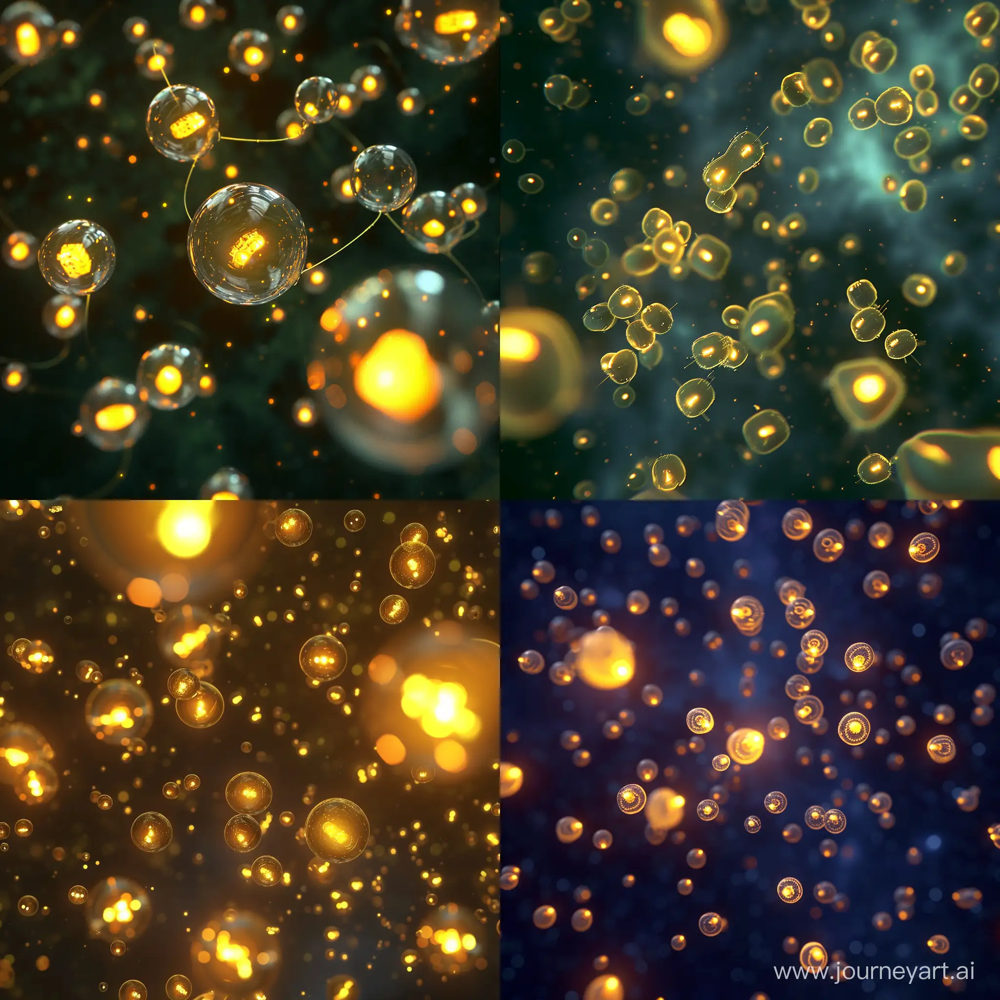 Swarm of small round spaceship, glowing yellow, in space, nanomachine, glow worm