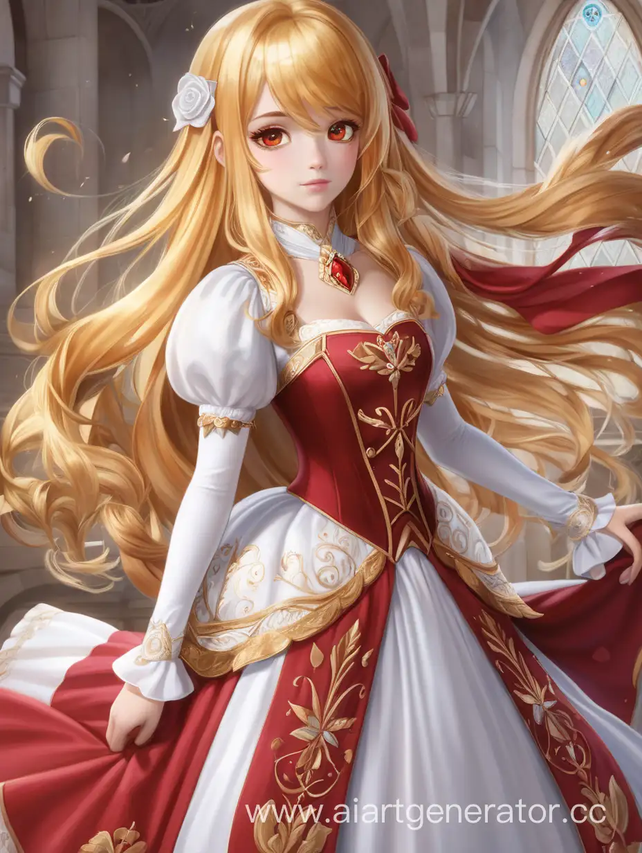 Принцесса Ария Розен, золотые волосы, янтарные глаза, красно-белое платье, в полный рост, взрослая