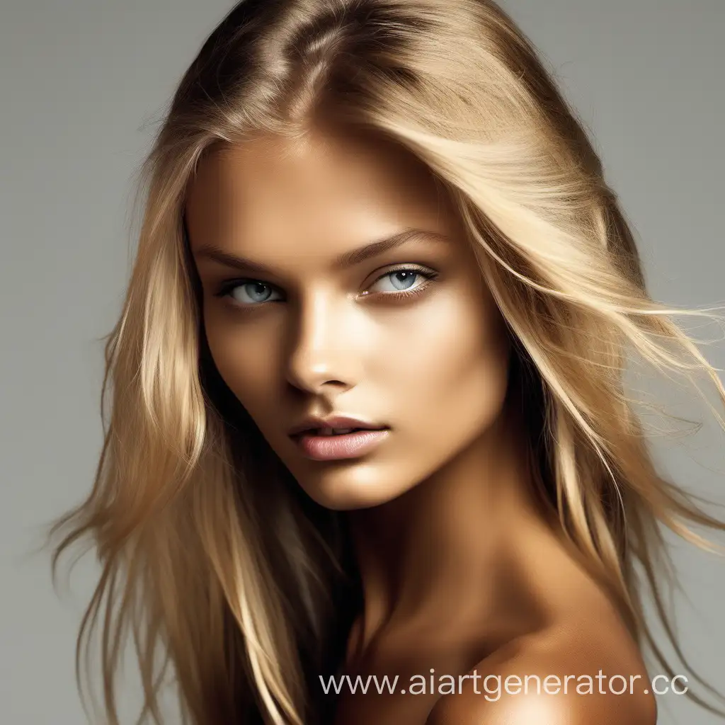 A slim Russian girl, reminiscent of a seductive 18-year-old, glowing proudly with a tanned complexion. She possesses the captivating allure of  18-year-old Russian seductress, her svelte figure resembling the charm and allure of Ana Selezneva, glowing with a sun-kissed, tanned caucasian complexion. Sleek hair, captivating eyes, slim physique, seductive gaze, allure personified, with wrappings of seduction and charm draped around her., her blonde hair flowing like golden silk, eyeliner smokey eyeshadow, a transparent clothing see through, strong   athletic physique like a field runner    