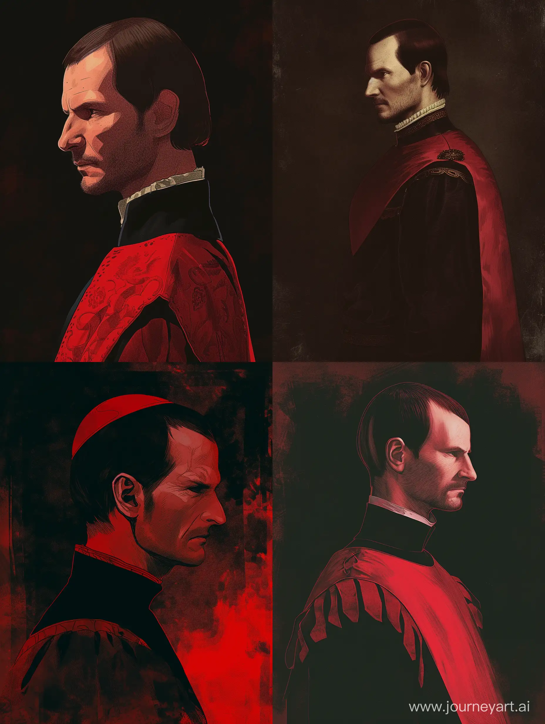 Niccolò Machiavelli, side profile, anime, drawn by Yoji Shinkawa, hyper realistic, red and black, surreal, organic --v 6 --ar 3:4 --no 23794