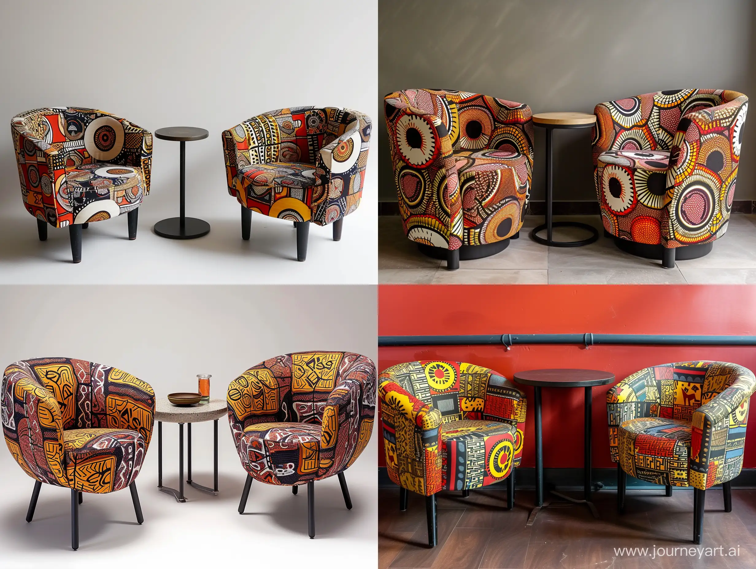 two african patterned chairs sitting next to a small table, in the style of futurism influence, use of fabric, pop-culture-infused, functionality emphasis