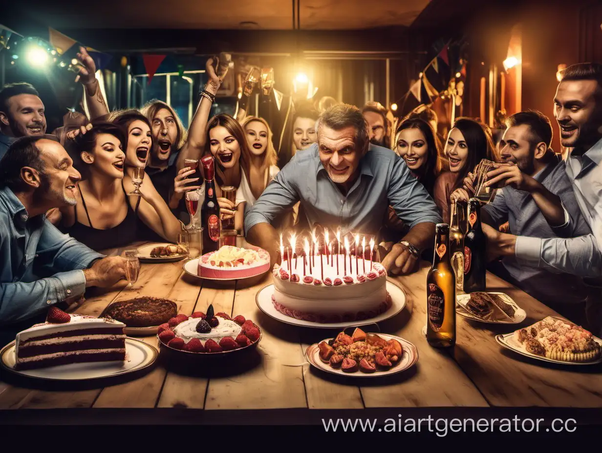 a man is in a bar, sitting at a large table, there is a cake and a lot of food on the table, many bottles of beer, vodka and wine, there are many guests around, celebrating a birthday, a "birthday" holiday, happy birthday