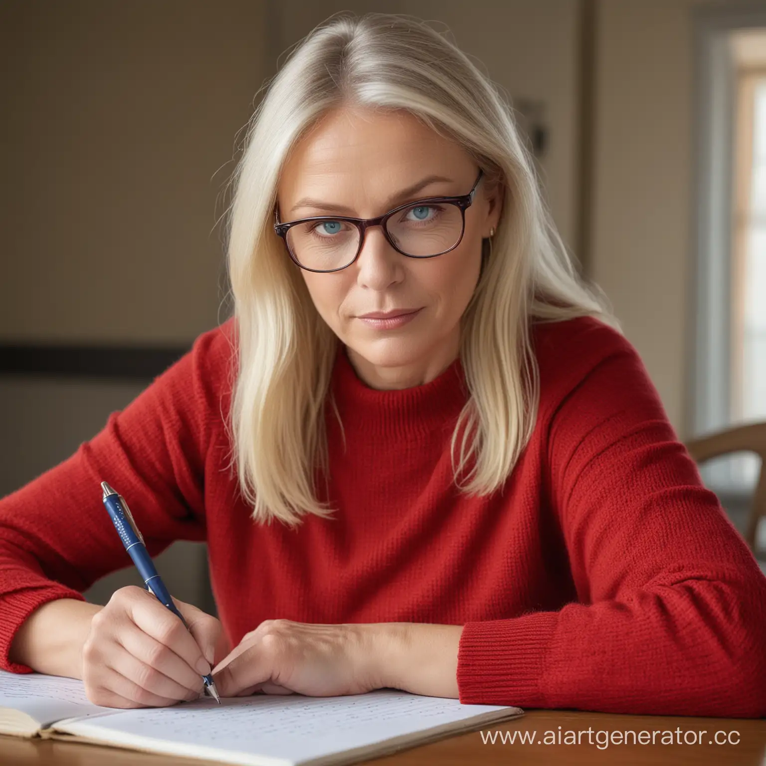 блондинка с голубыми глазами, 60 лет, в очках, в красном пуловере,  с ручкой в руке, сидит за столом, пишет 