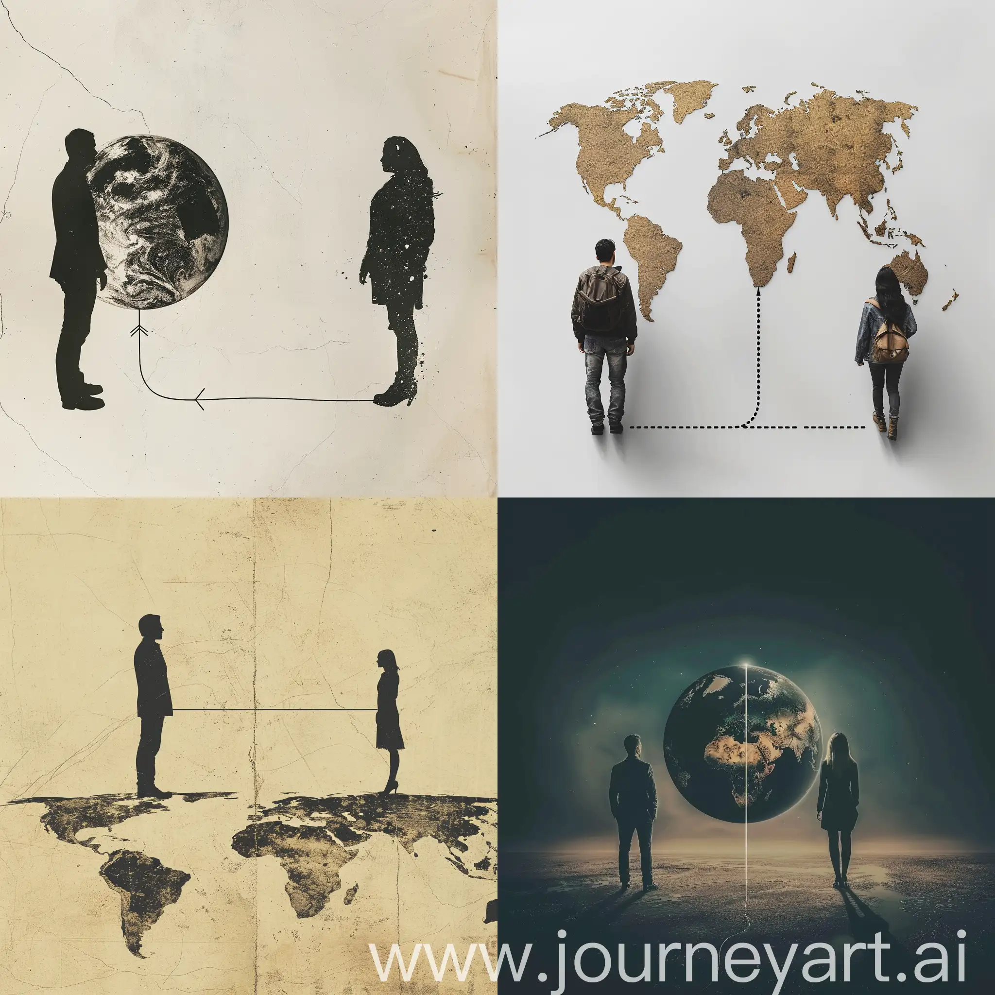 Man standing on the left side of the globe There is a line connecting from the left side to the right side. woman standing on the right side of the world