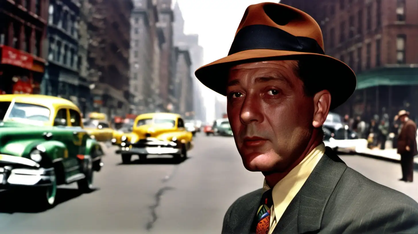 William Gargan, 1951, on a Manhattan street, wearing a brown fedora and suit, a cigarette in his mouth, neon, colorful.