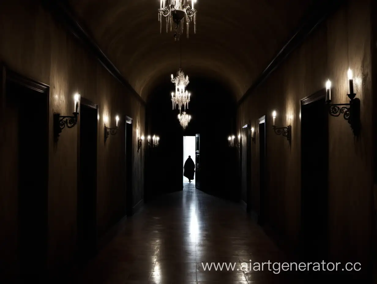 Mysterious-Figure-in-the-Dimly-Lit-Ancient-Mansion-Corridor