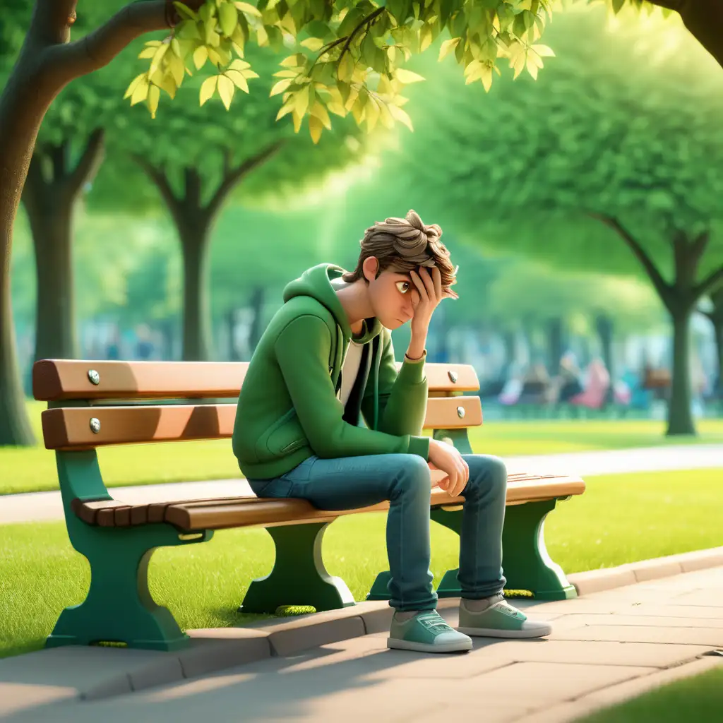 Young Man in Despair Sitting on Park Bench