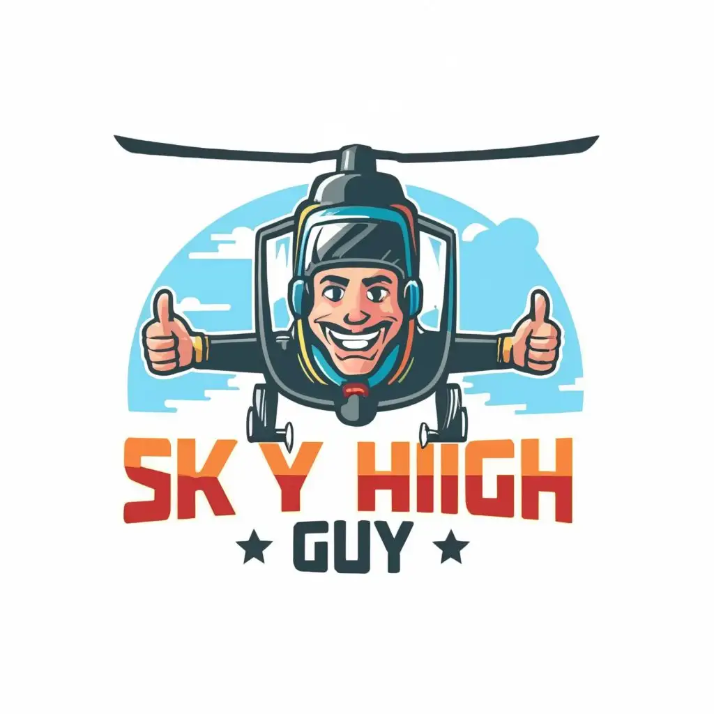 logo, Flying Gyrocopter. Pilot is hanging out of the door giving a thumbs up, with the text "Sky High Guy", typography, be used in Entertainment industry