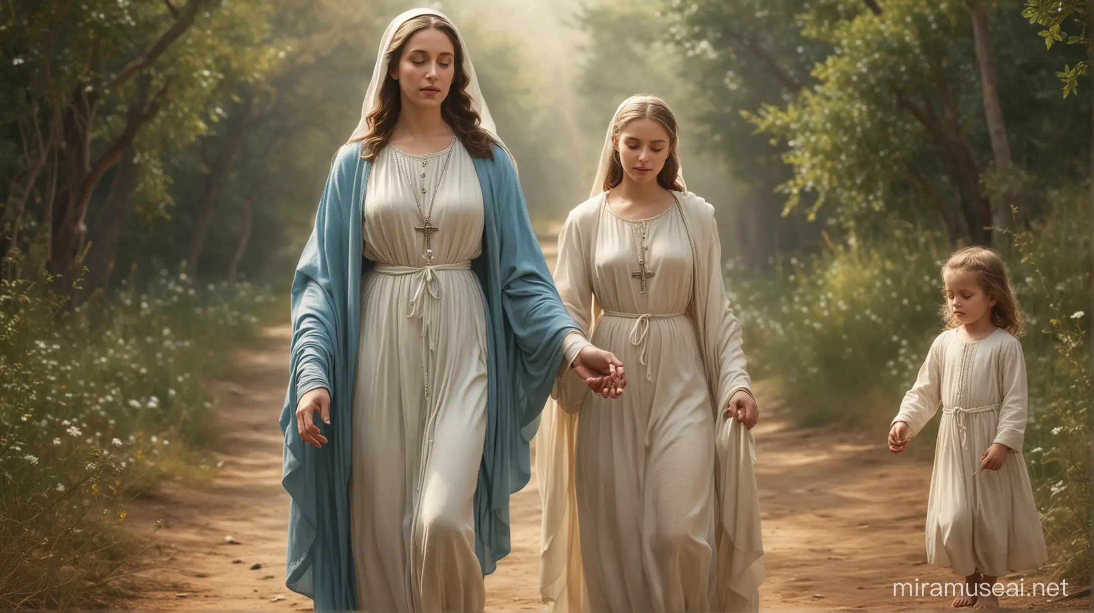 realistic image, Virgin Mary, mother of Jesus Christ, walks Young woman wearing clothing from the era corresponding to the era before Christ, but with a deep, serene look conveying peace and angelic happiness