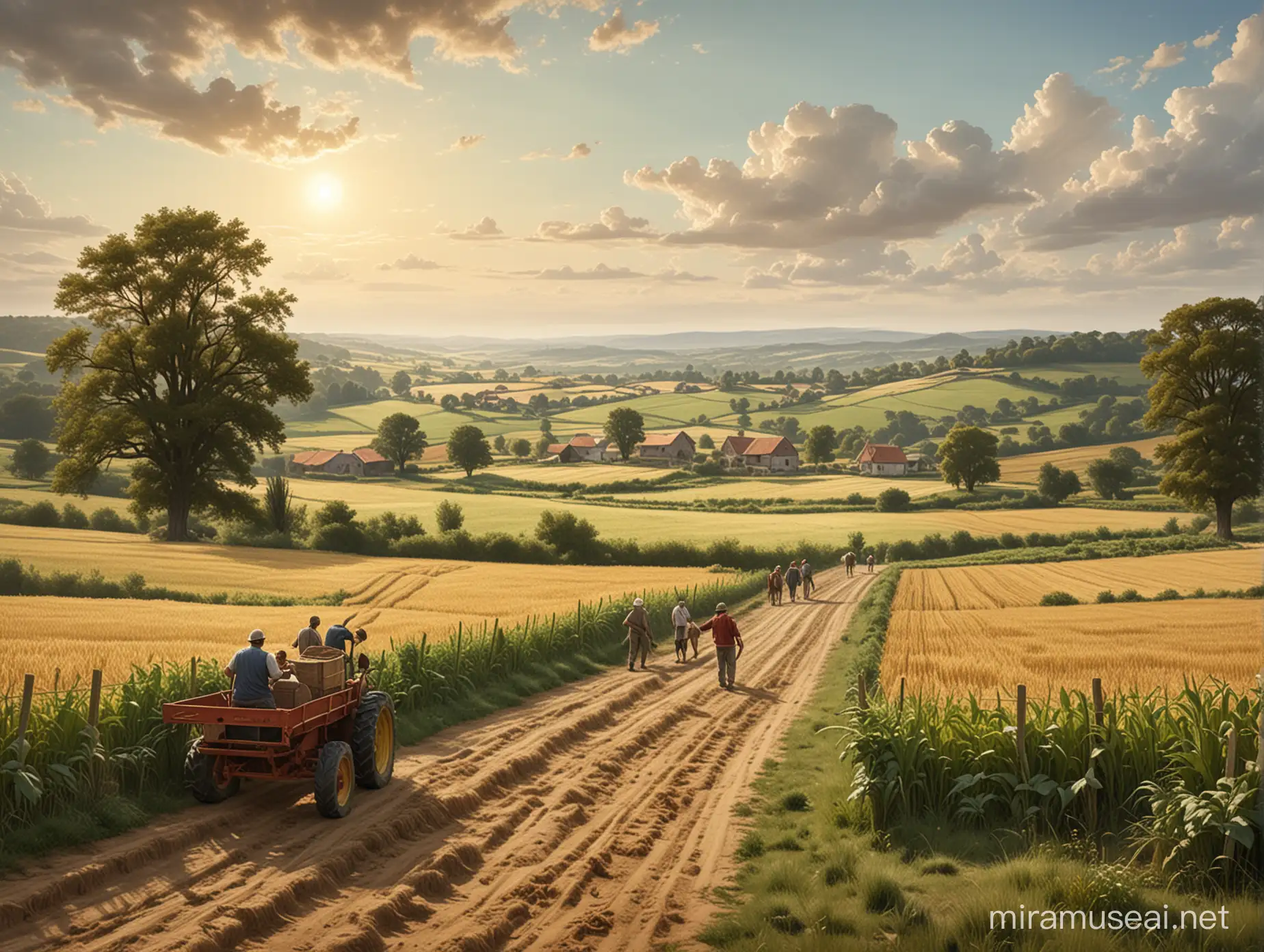 Imagine an illustration showcasing a serene and peaceful countryside landscape,
where farmers are toiling away in the fields, bringing in the harvest.