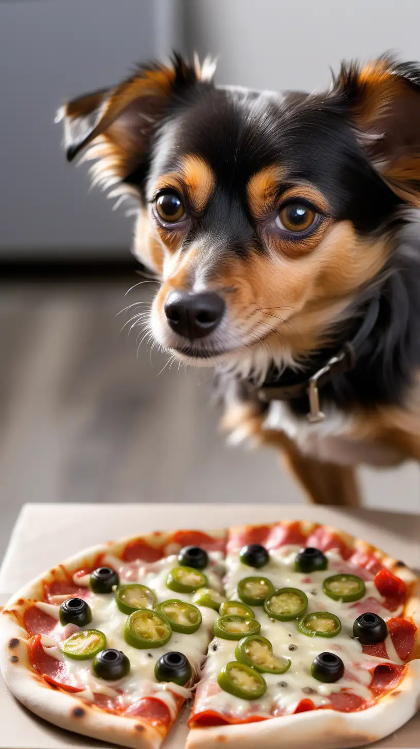 image of a small breed dog, looking at a pizza with pepperoncini on it, pet parent is getting ready to take a bite
