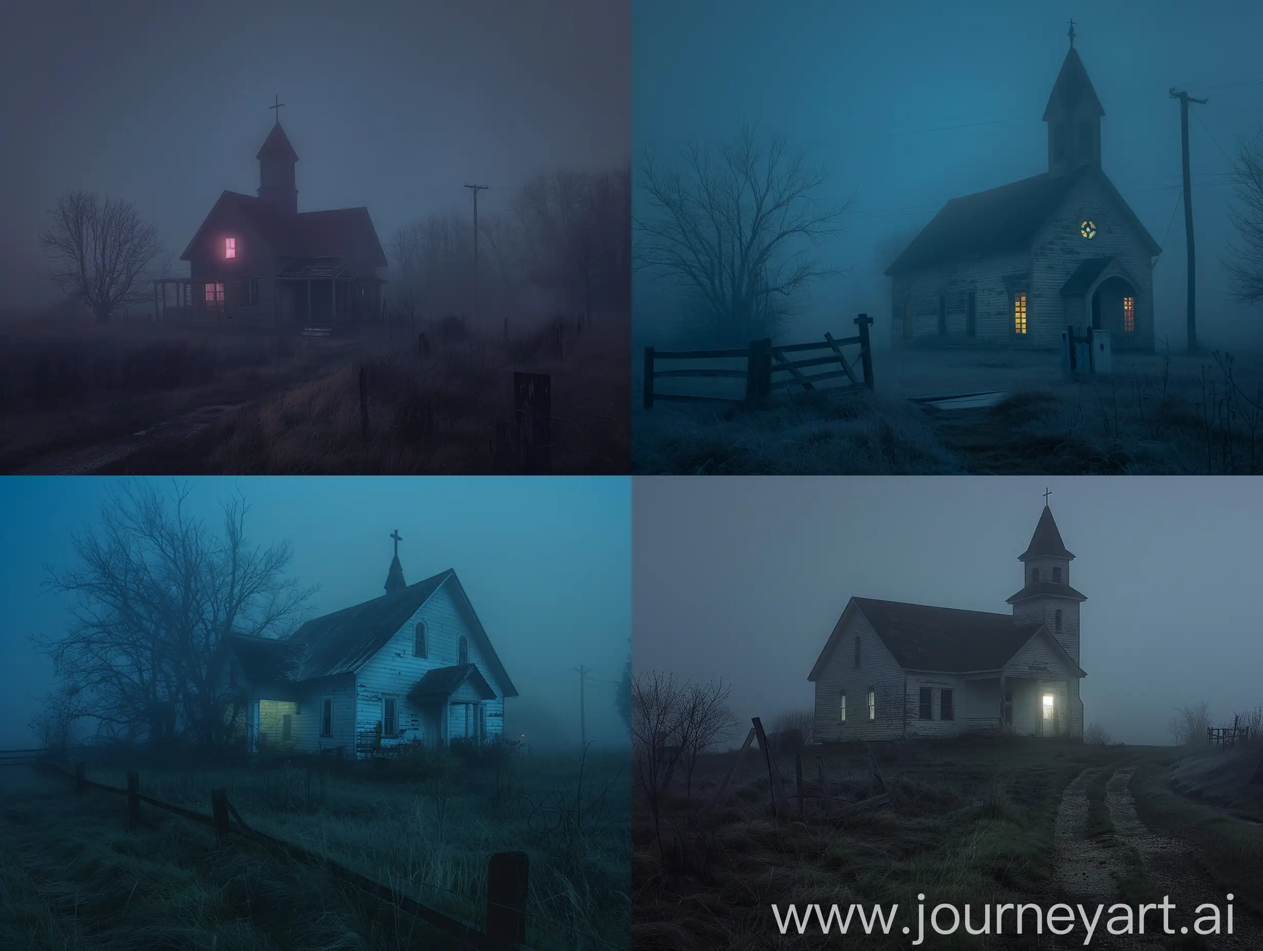 Eerie-Night-in-a-Deserted-American-Ghost-Town-Abandoned-Church-in-Stefan-Shore-Style