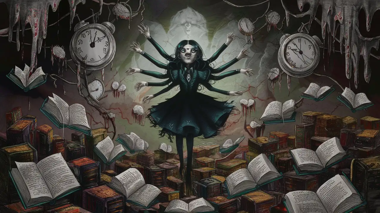 surrealism meets H.R. Giger, strange girl, flying books, melting clocks, dark, colorful ink style with line art 
