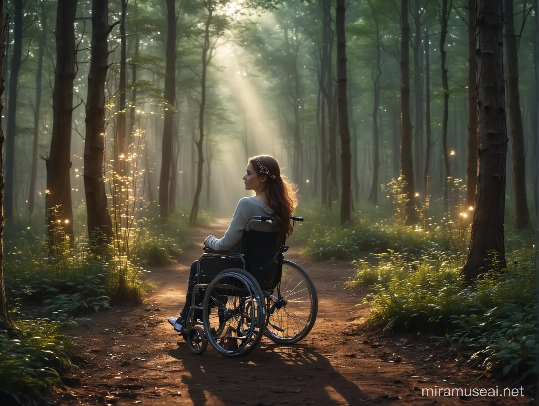 Holka na vozíku v kouzelném lese, který světélkuje