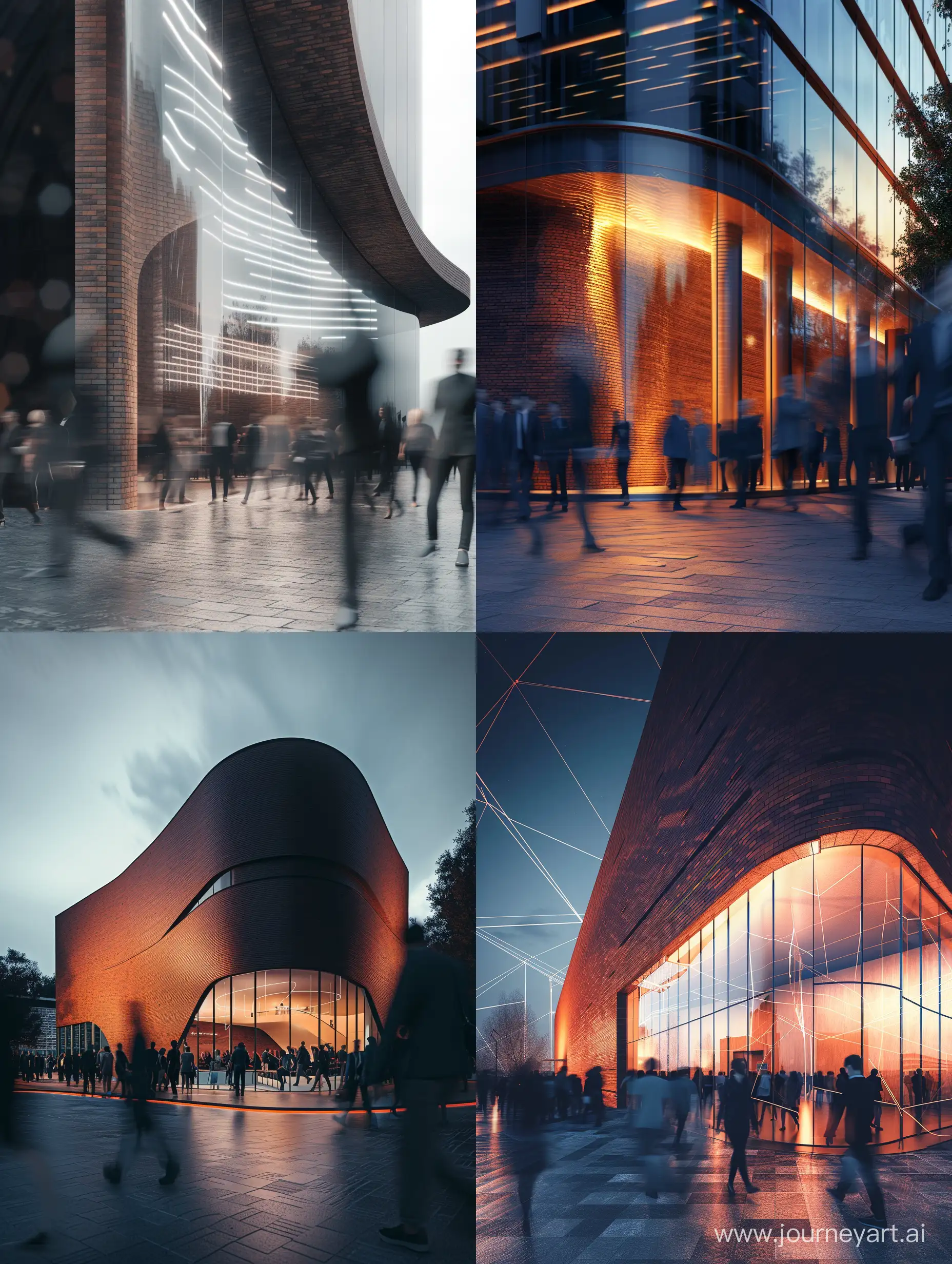 photorealistic, canon EOS 5d, minimalistic medium scale office building, curved brick, geometric shaped outline, expert, dramatic lighting, lighting effects, motion blurring walking crowd
