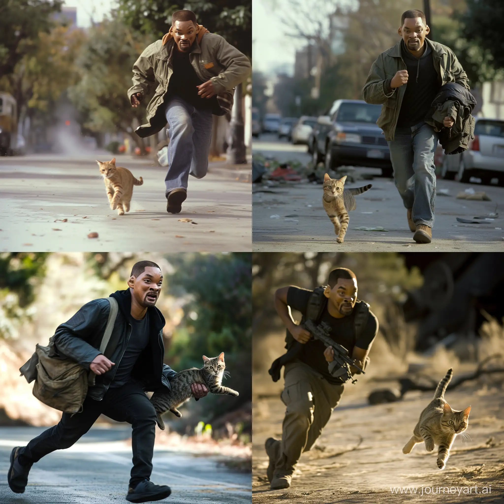 Уилл Смит с кошкой убегает от погони