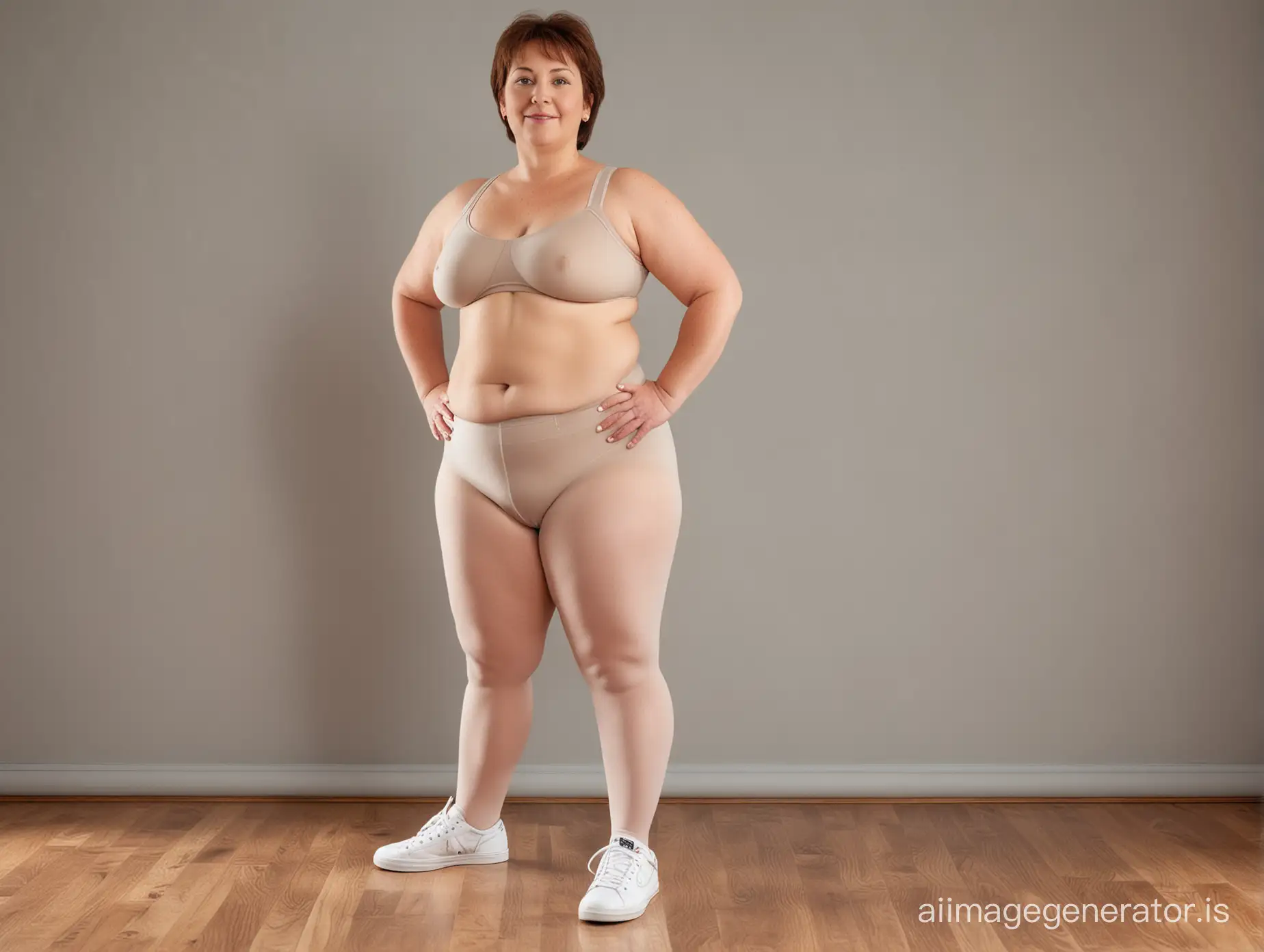 Chubby woman, tall, very small breasts, chubby belly, age 50. Chubby legs and tights. Standing with a white sneakers, tall neck, short brown hairs, Fat wrists