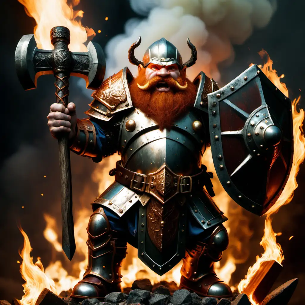 Fiery Dwarf Warrior in Heavy Armor Brandishing Shield and War Hammer