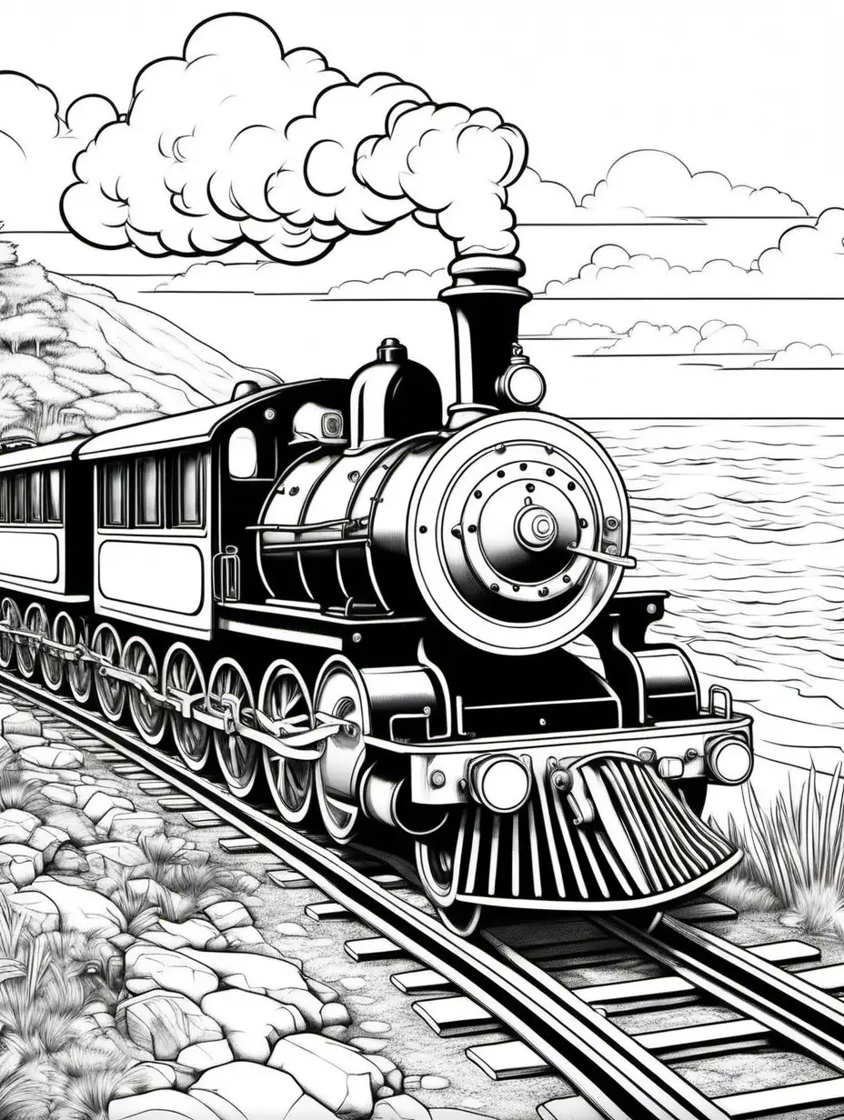create a coloring book for children of steam train traveling near the coast, picture should be open so that they can be colored in later, clean lines, black & white