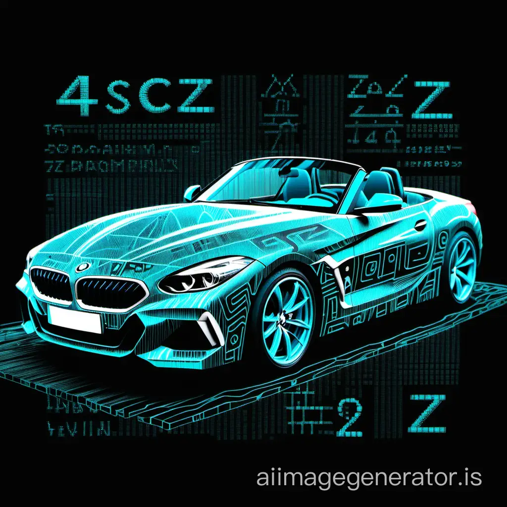 The art of drawing with symbols, ASCII Art, a picture painted by an ASCII neural network with an image of a turquoise BMW Z4 car on a dark background