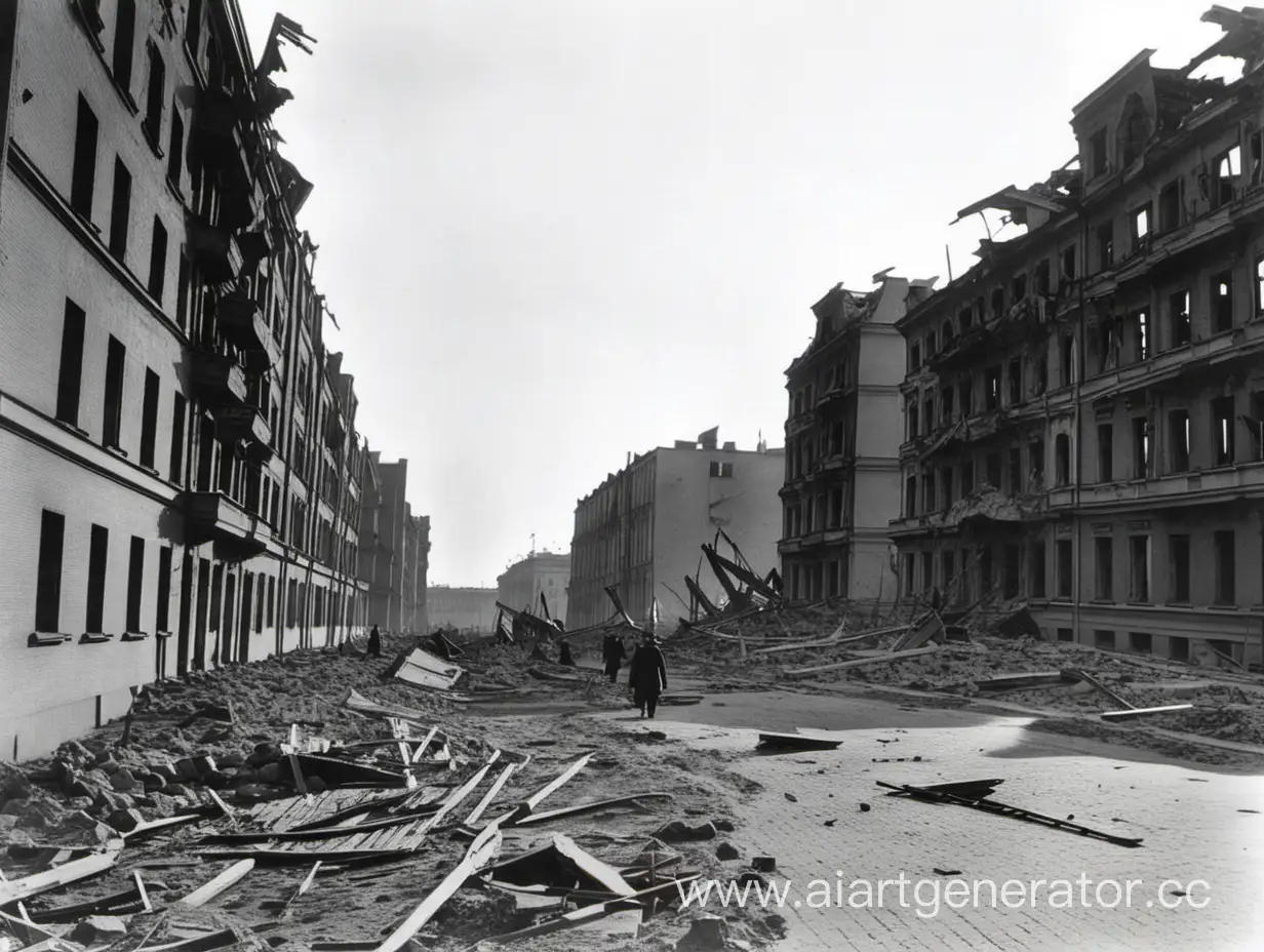Черно-белое фото разрушенных зданий 1942 года, Блокада Ленинграда