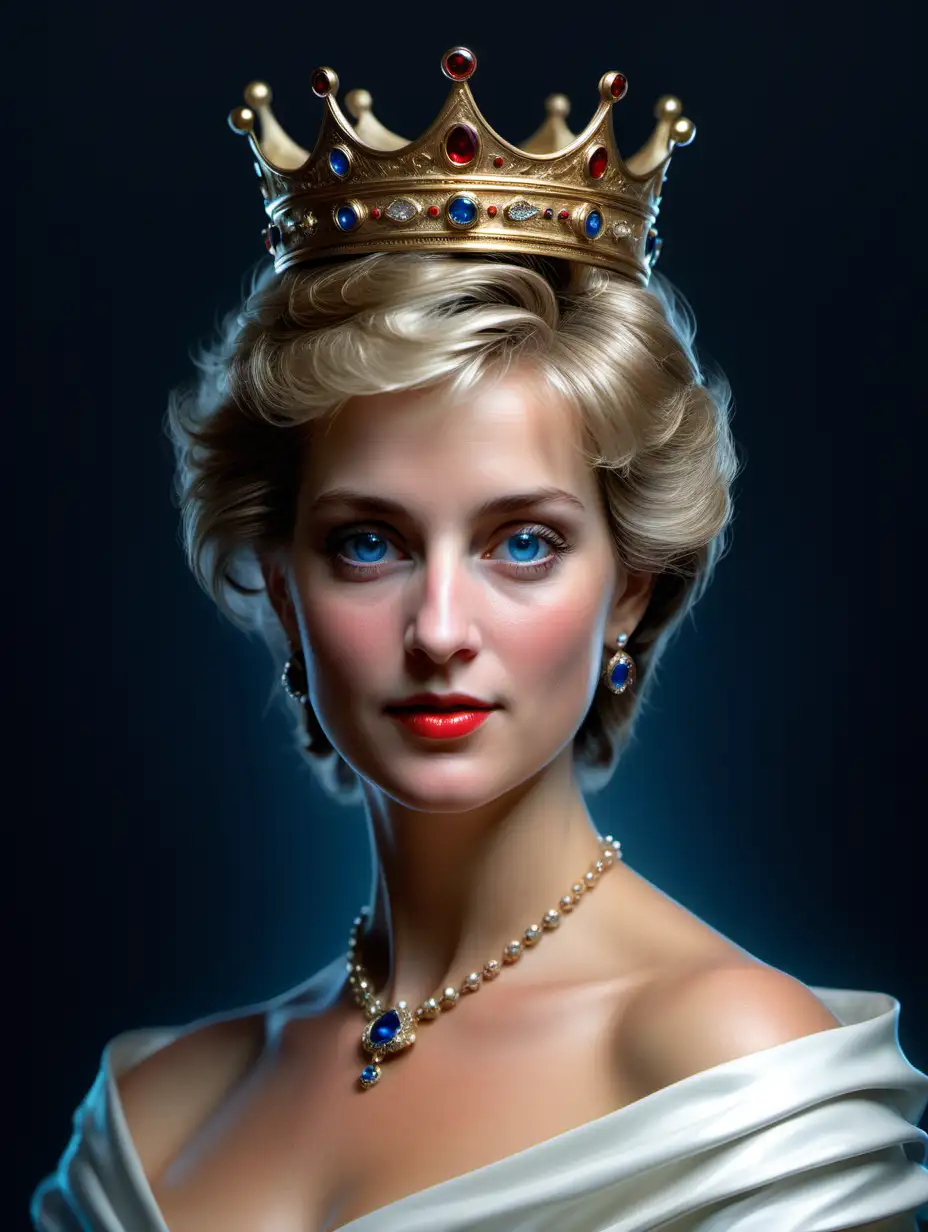 High detailed Diana, Princess of Wales (1961-1997): The People's Princess， red lips, realistic, close up, blue eyes, epic royal background, big royal uncropped crown, royal jewelry, robotic, nature, full shot, symmetrical, Greg Rutkowski, Charlie Bowater, Beeple, Unreal 5, hyperrealistic, dynamic lighting, fantasy art