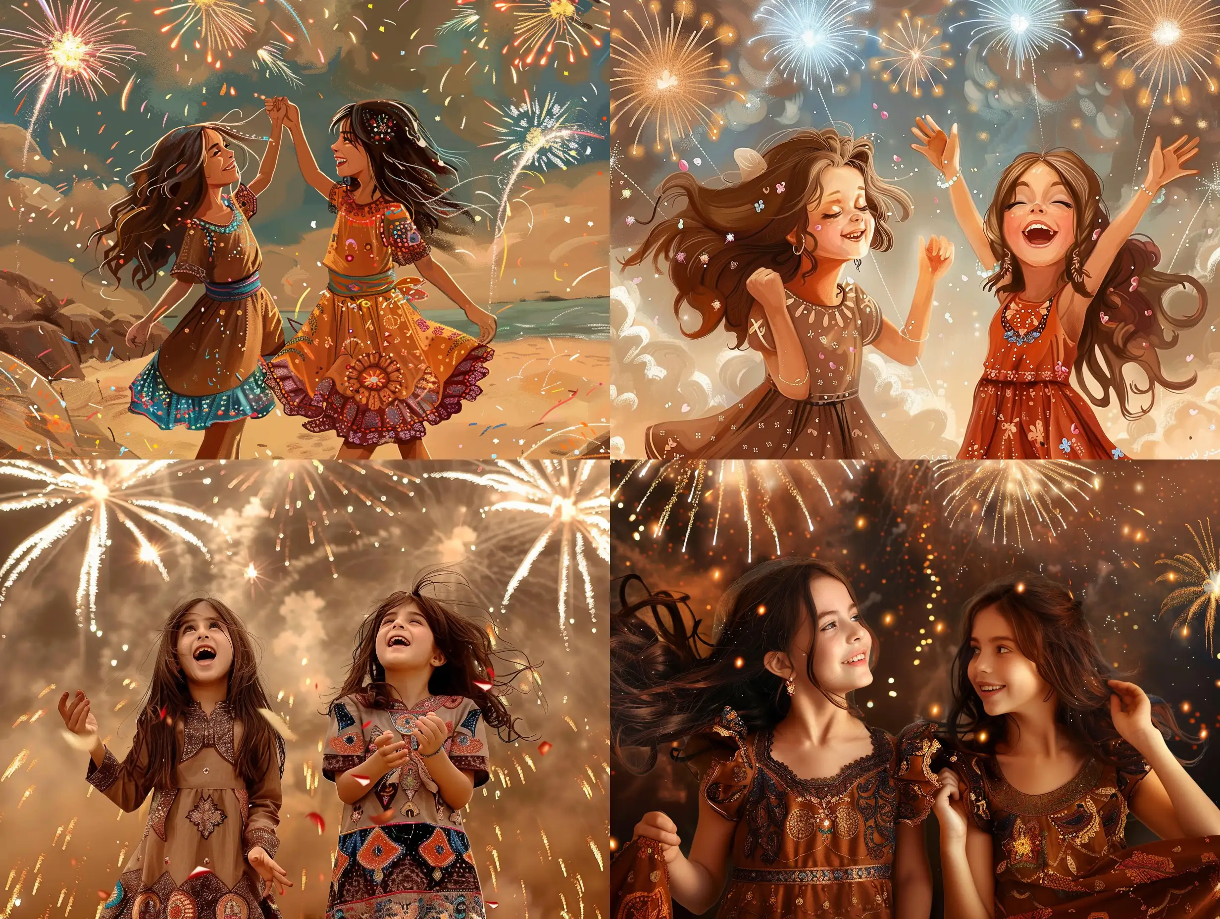 Two girls wearing Eid clothes, their dresses are bright, in the same brown gypsy month, happy with Eid, and fireworks decorate the sky in an extremely beautiful and very realistic overhead scene.
