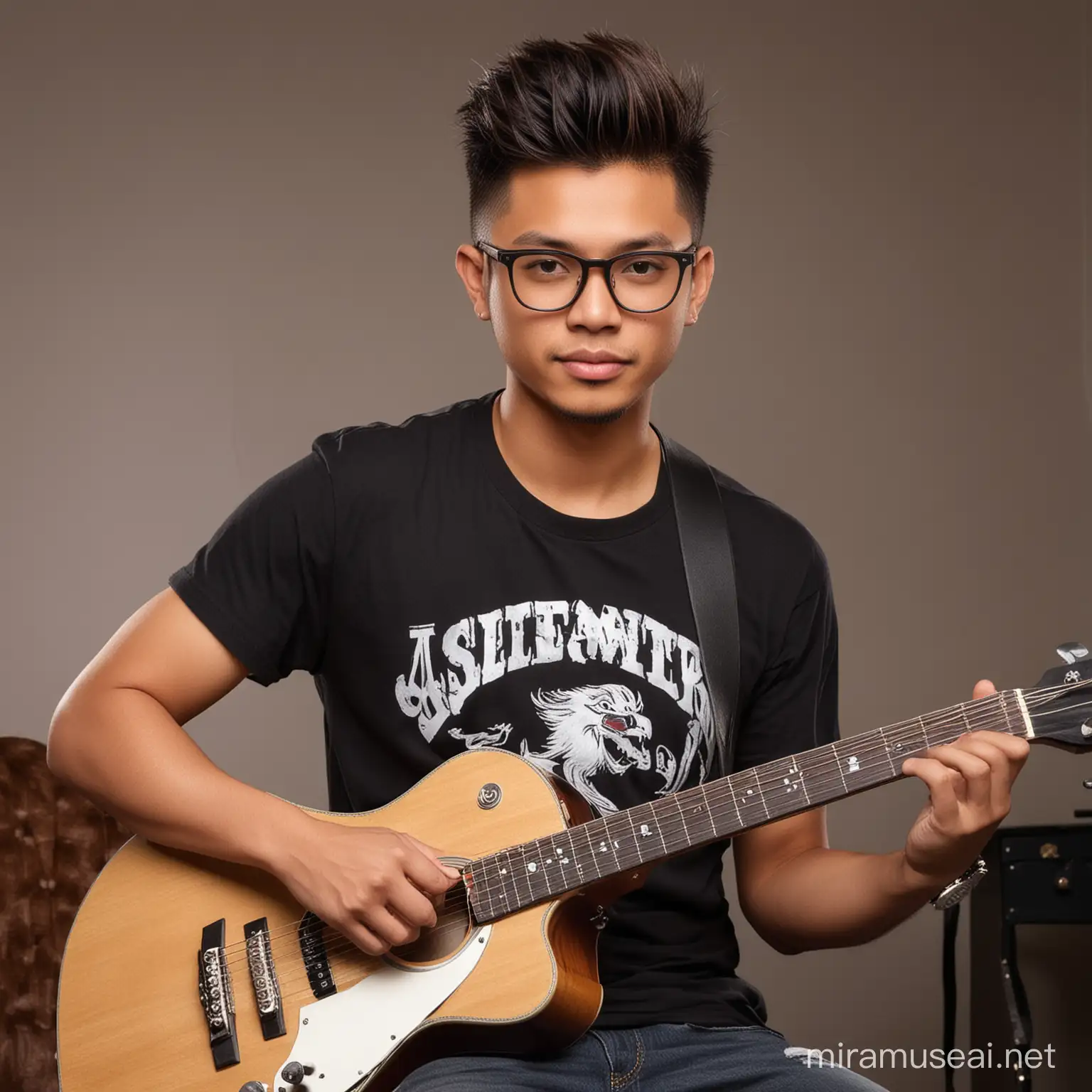 Handsome Filipino Teenager Playing Guitar in Music Room