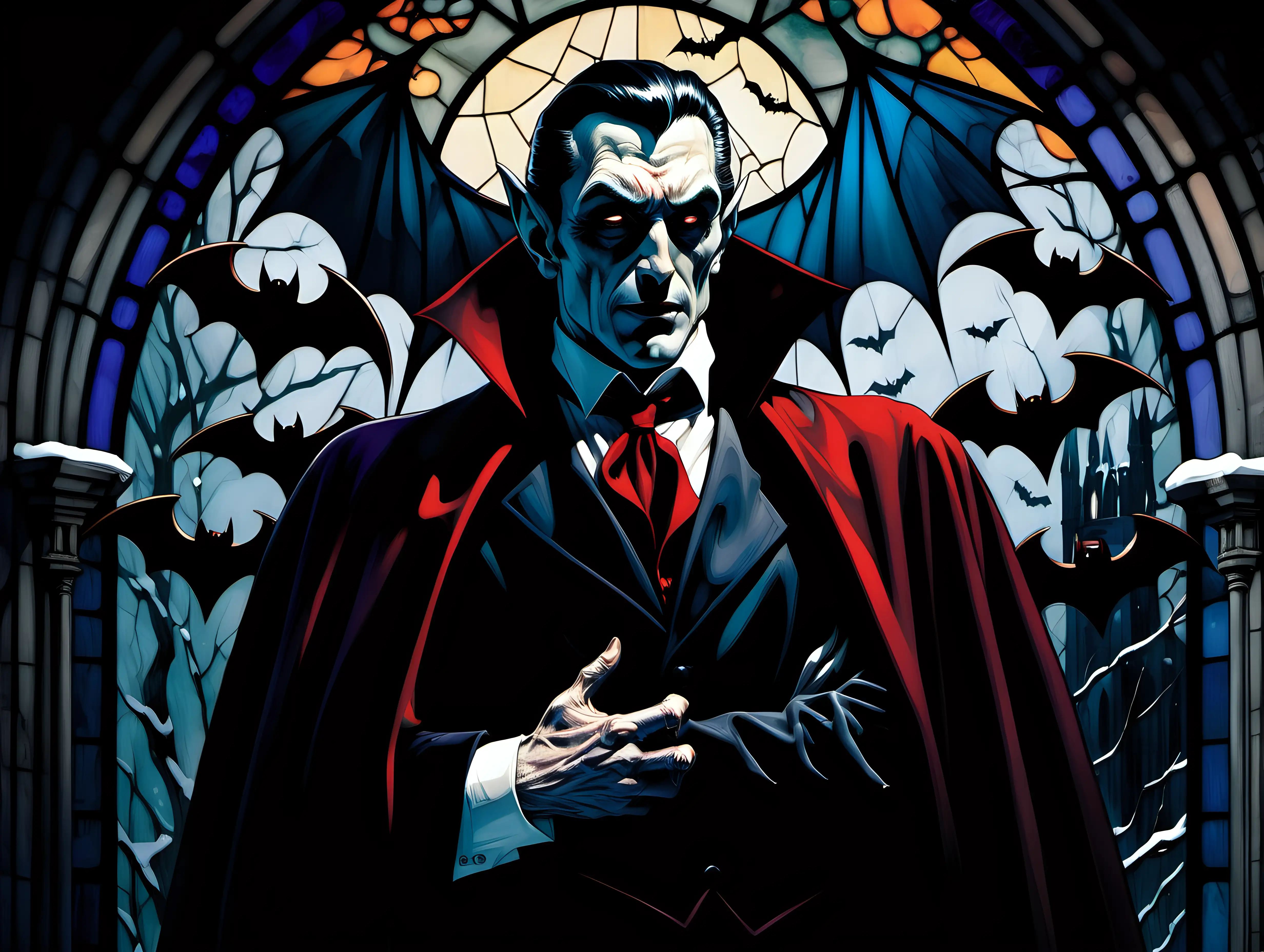 Dracula in front of a stained glass window with vampire bats outside in winter Frank Frazetta style