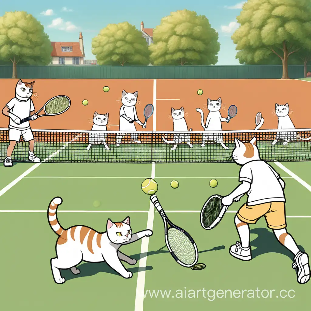 коты  с двумя ракетками играют в теннис на корте с Людьми , со всеми кошками 
