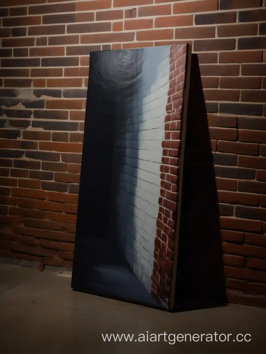 Side view of a rectangular vertical painting that stands on the floor, leaning against a brick wall in a dark room