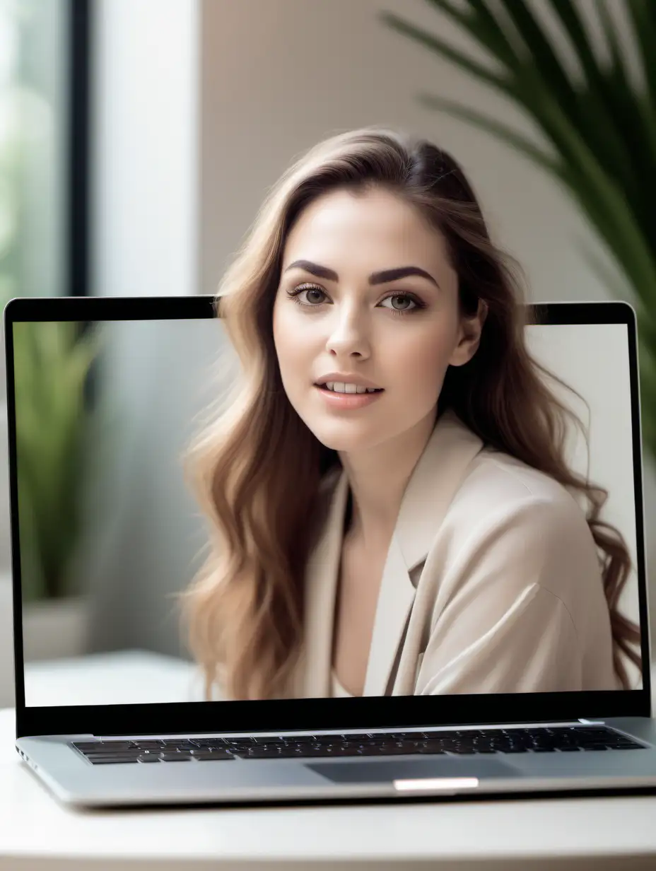Crea una imagen mostrando una mujer de semblante amable y guapa usando maquillaje natural que se vea en la pantalla de una laptop con luz y tonos claros, pero difuminando el fondo.