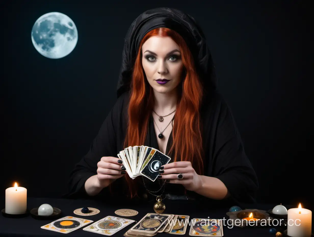 
Handsome female Irish fortuneteller has black moon in the background and show some tarot cards