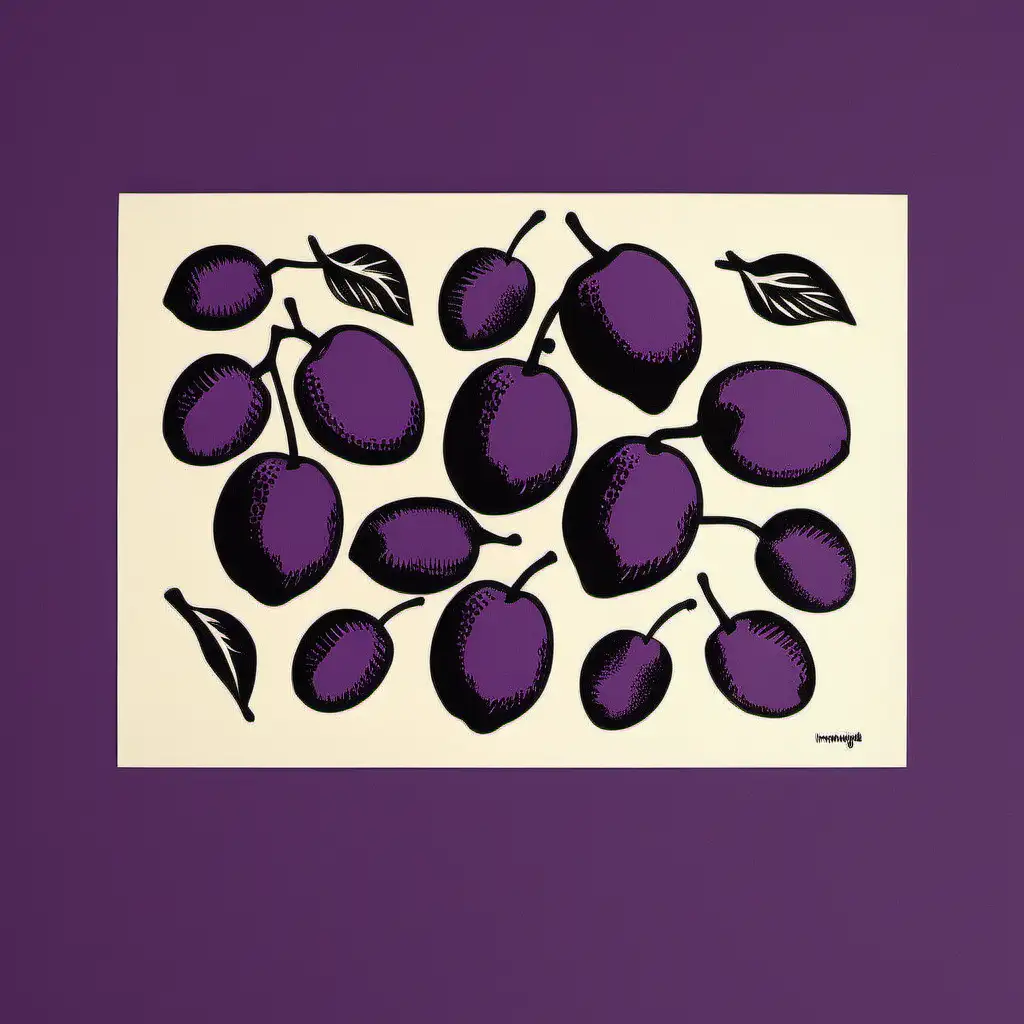 /imagine prompt HAND PRINTED, SIMPLE, plums, purple,ANDY WARHOL INSPIRED
