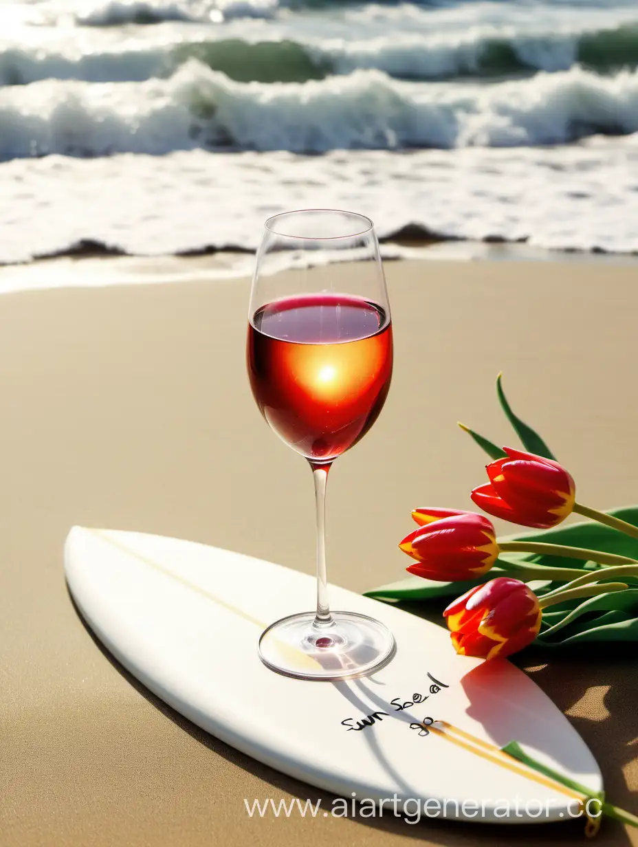 солнце море волны отдых песок пляж 8 марта международный женский день тюльпаны позитив доска для серфинга алкоголь бокал вина 