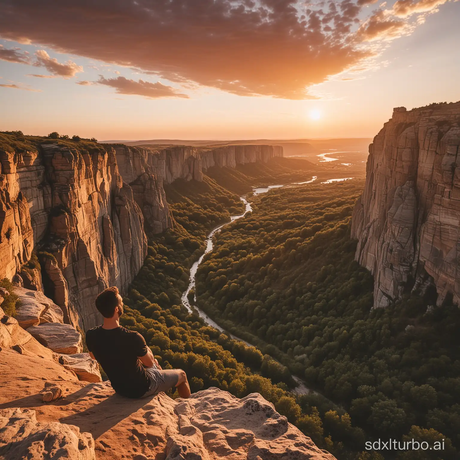 A man looking from a cliff at the sunset on a summer day