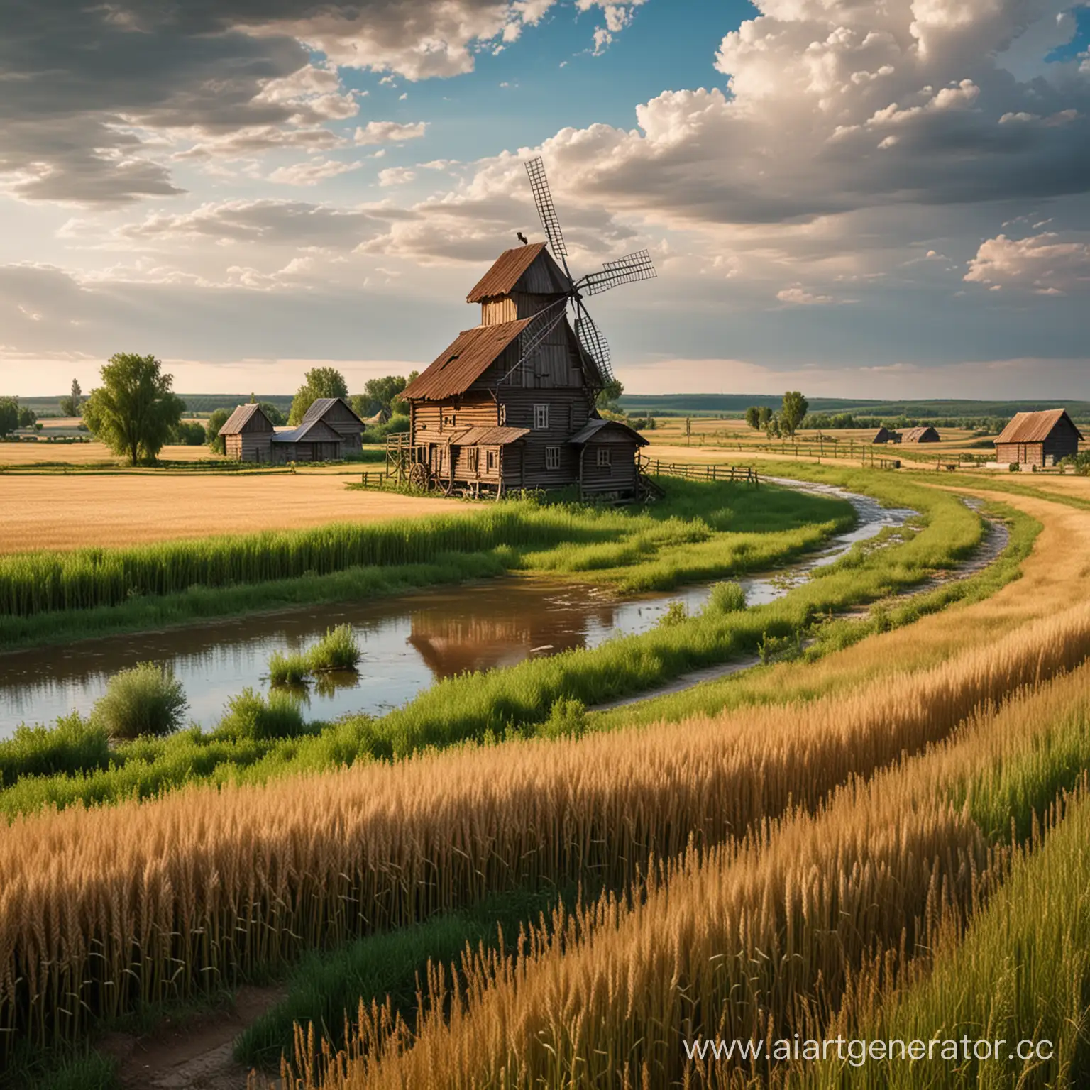русская деревня с мельницей и полем пшеницы