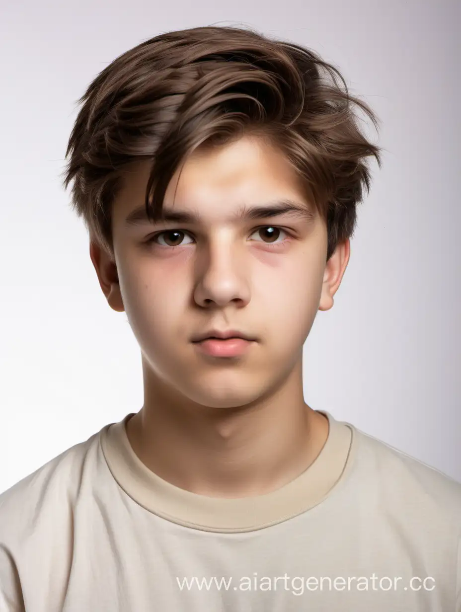 Фото на паспорт, мальчик 16 лет, карие волосы, карие глаза, прическа "шторки", немного упитан, белый фон, бежевая футболка
