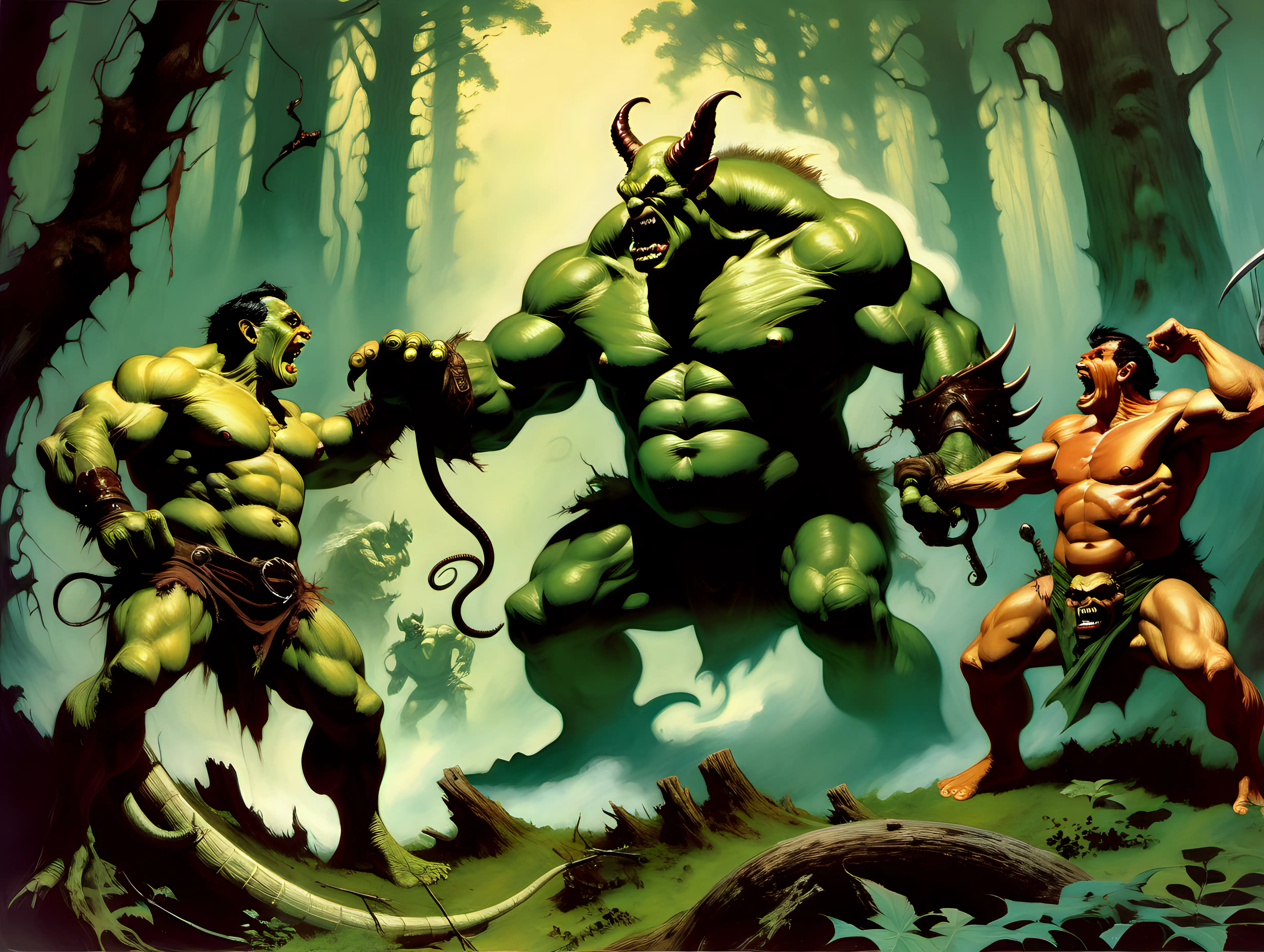 two giant ogres beating a serpent in a forest  bats Frank Frazetta style