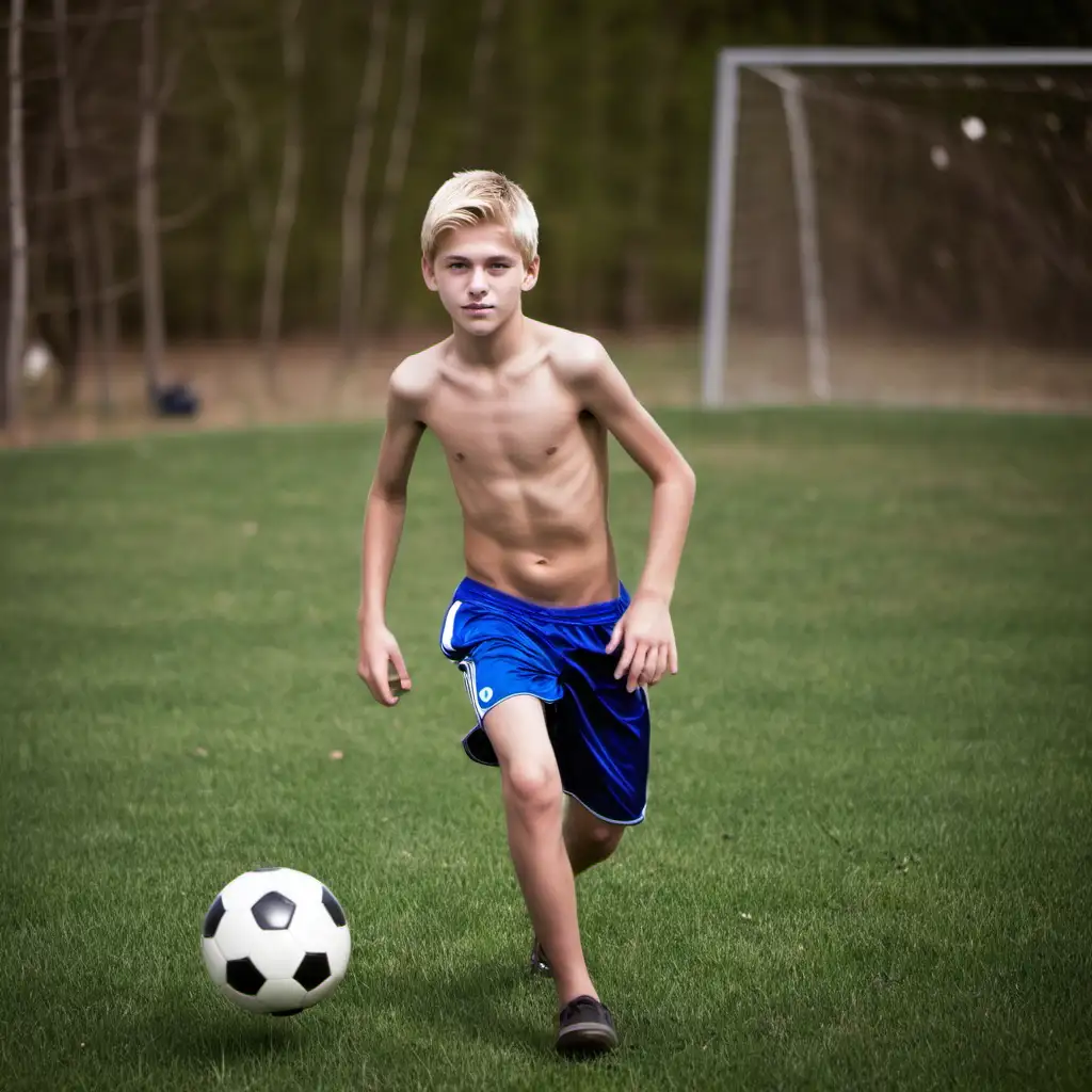 Shirtless blonde 13 year old boy playing soccer