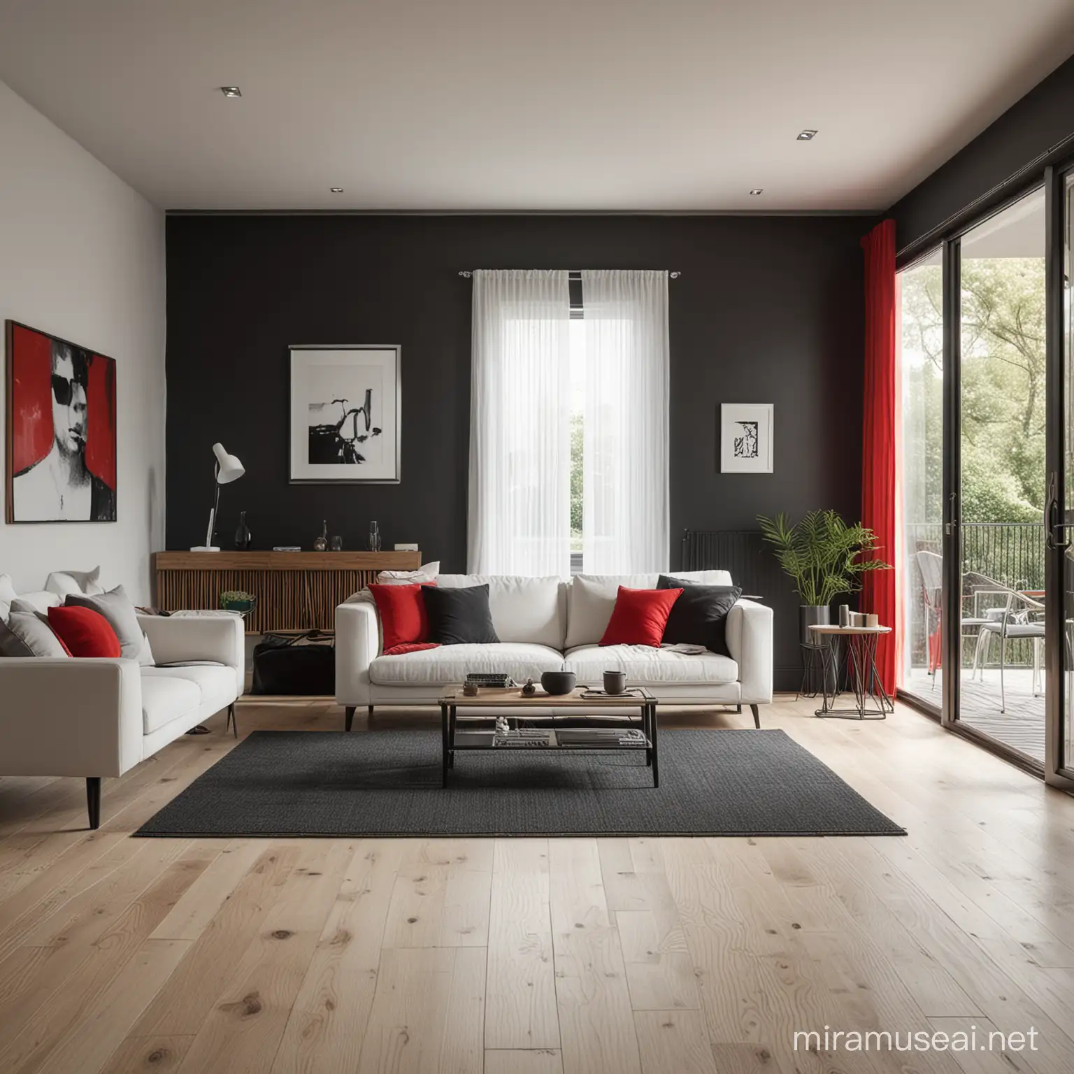 A living room in white and black. It has a wooden floor. A rectangular work hangs upright behind the red sofa. Real, lively, detailed, light and shadow